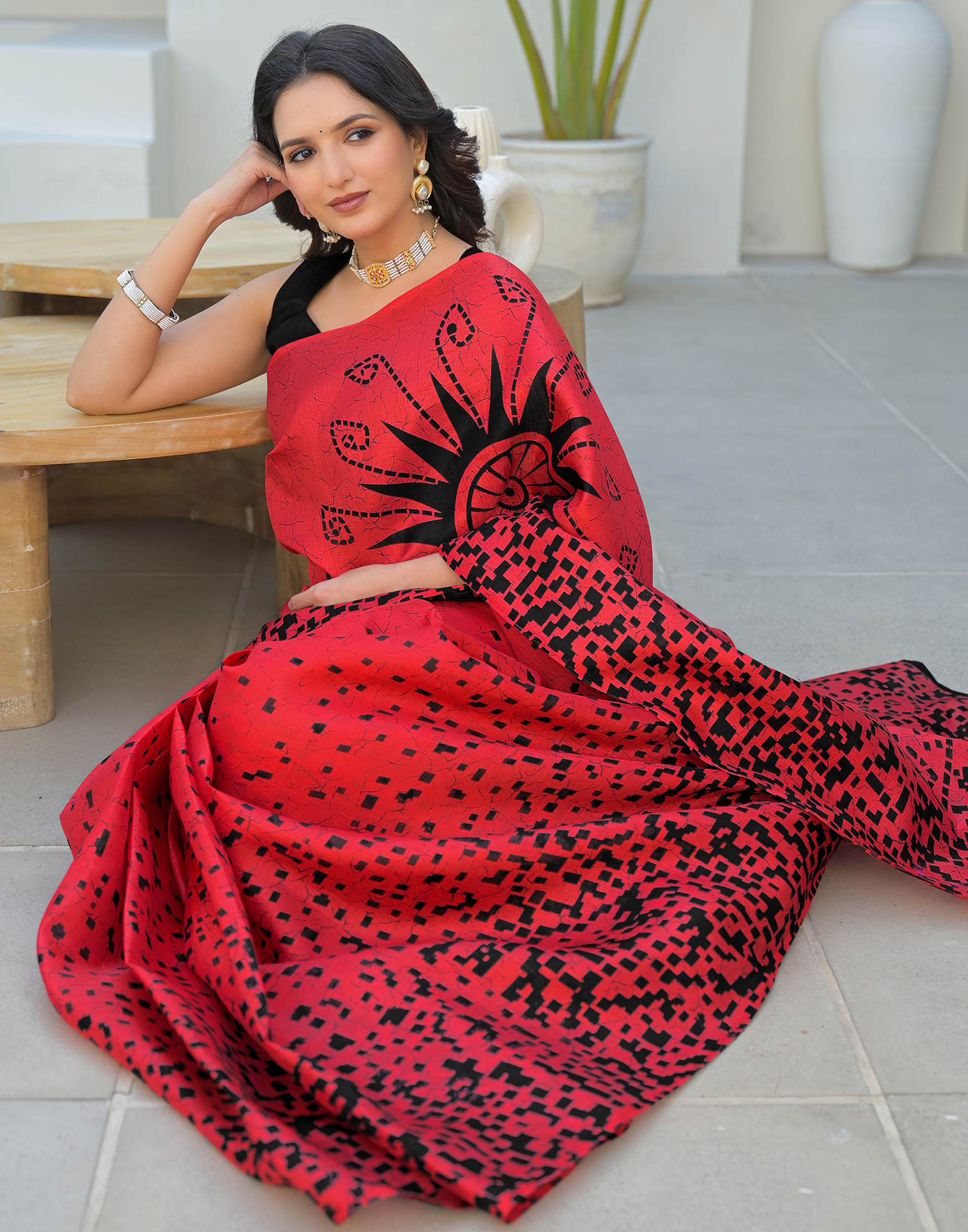 Red Khadi Printed Saree - Image 6