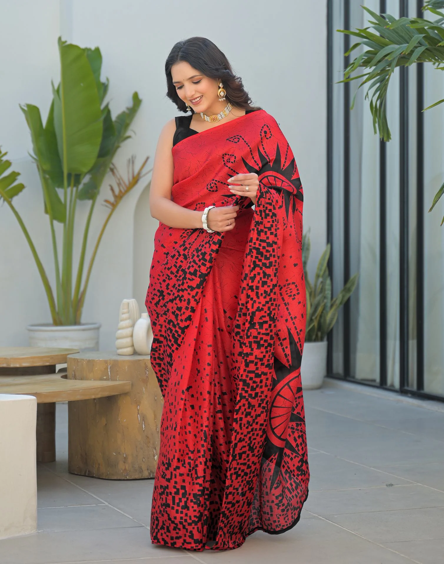 Red Khadi Printed Saree - Image 9