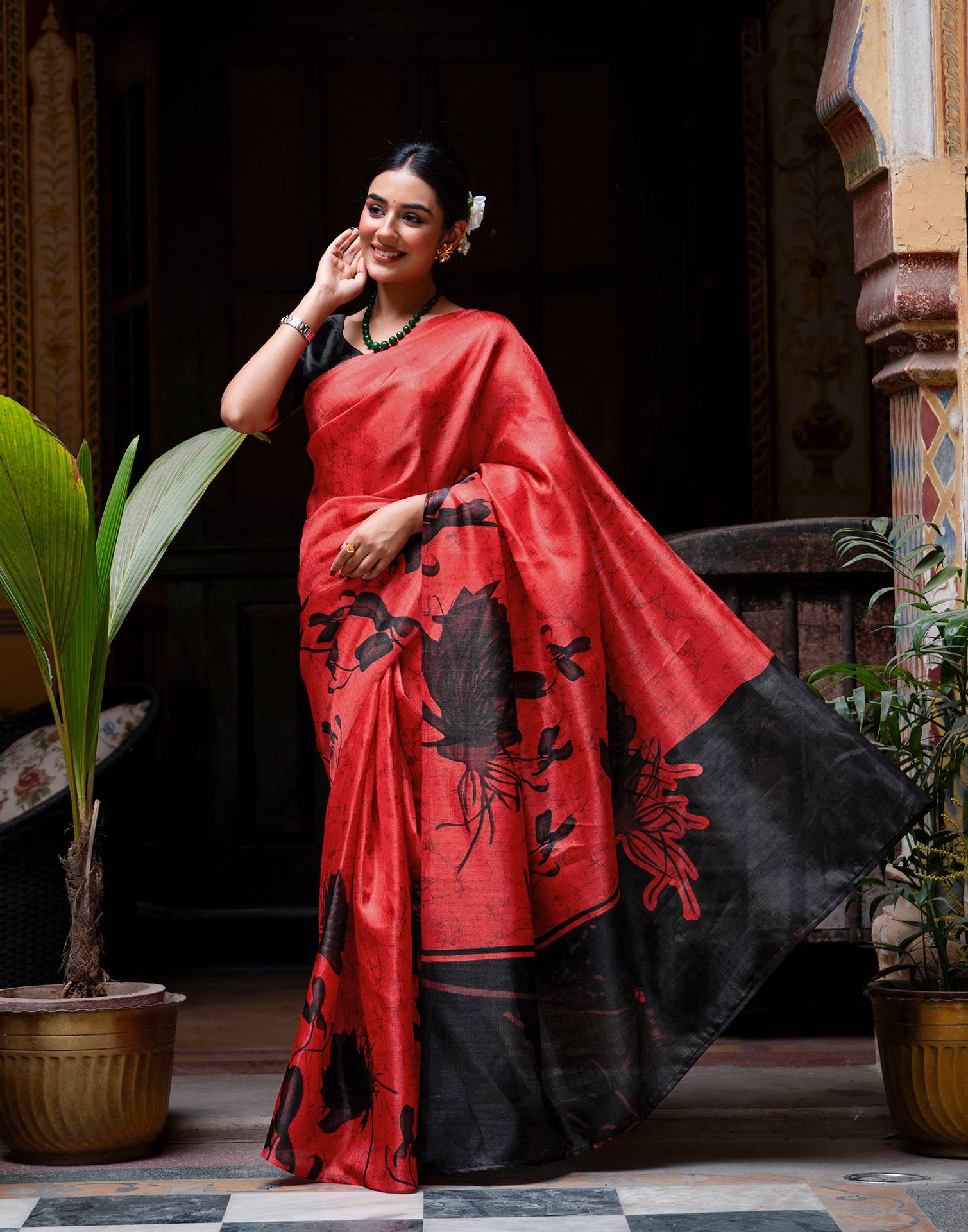 Red Khadi Printed Saree - Image 5