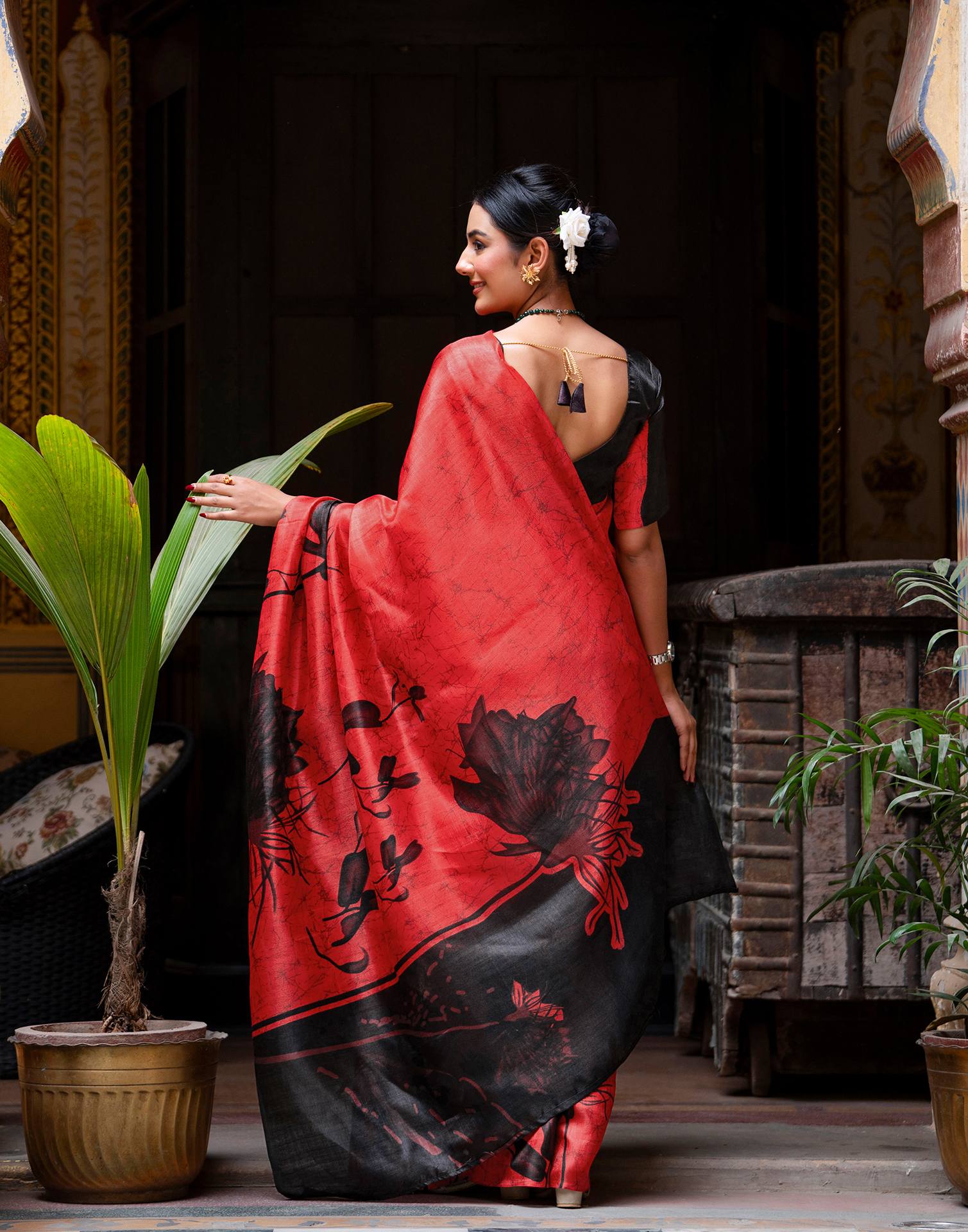 Red Khadi Printed Saree - Image 7