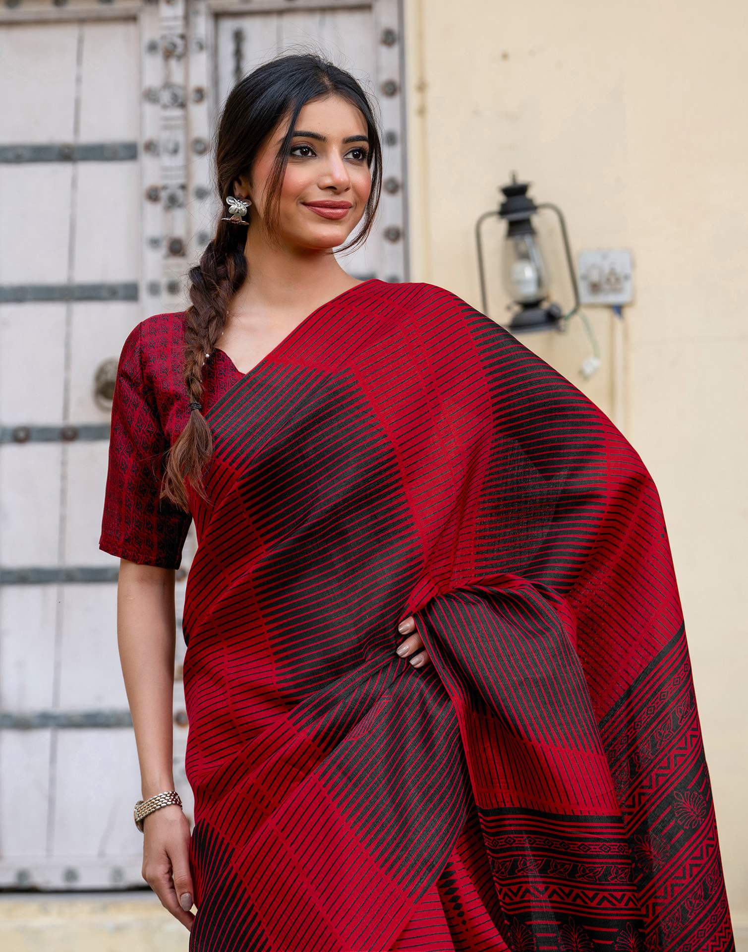 Red Khadi Printed Saree - Image 2