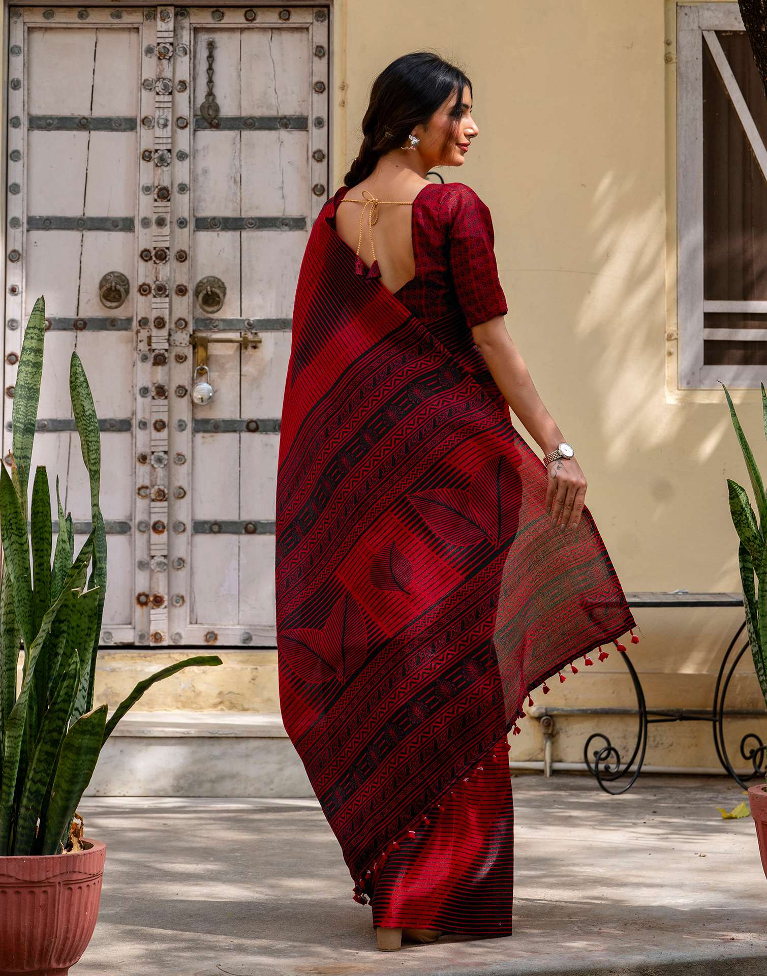 Red Khadi Printed Saree - Image 6
