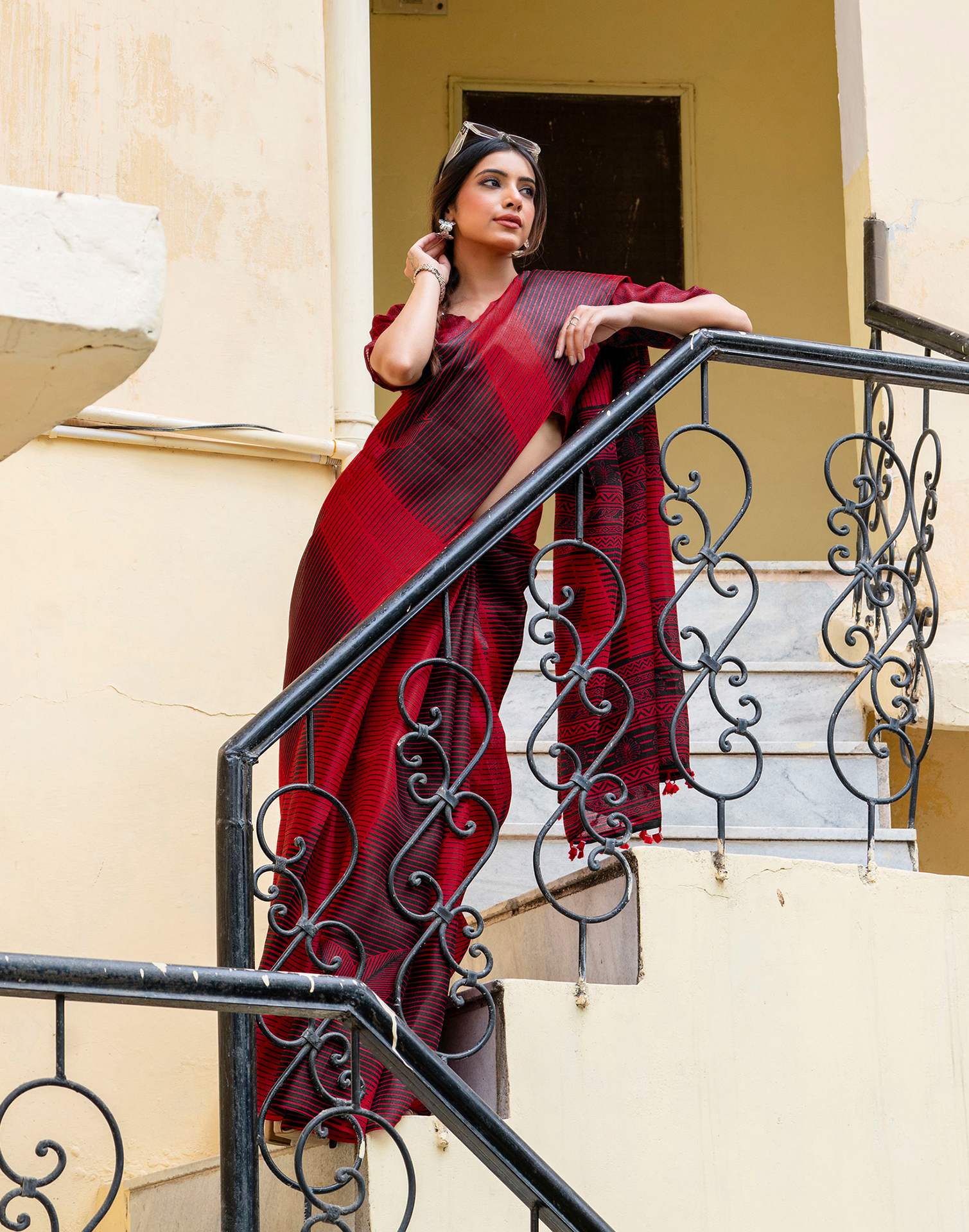 Red Khadi Printed Saree - Image 8