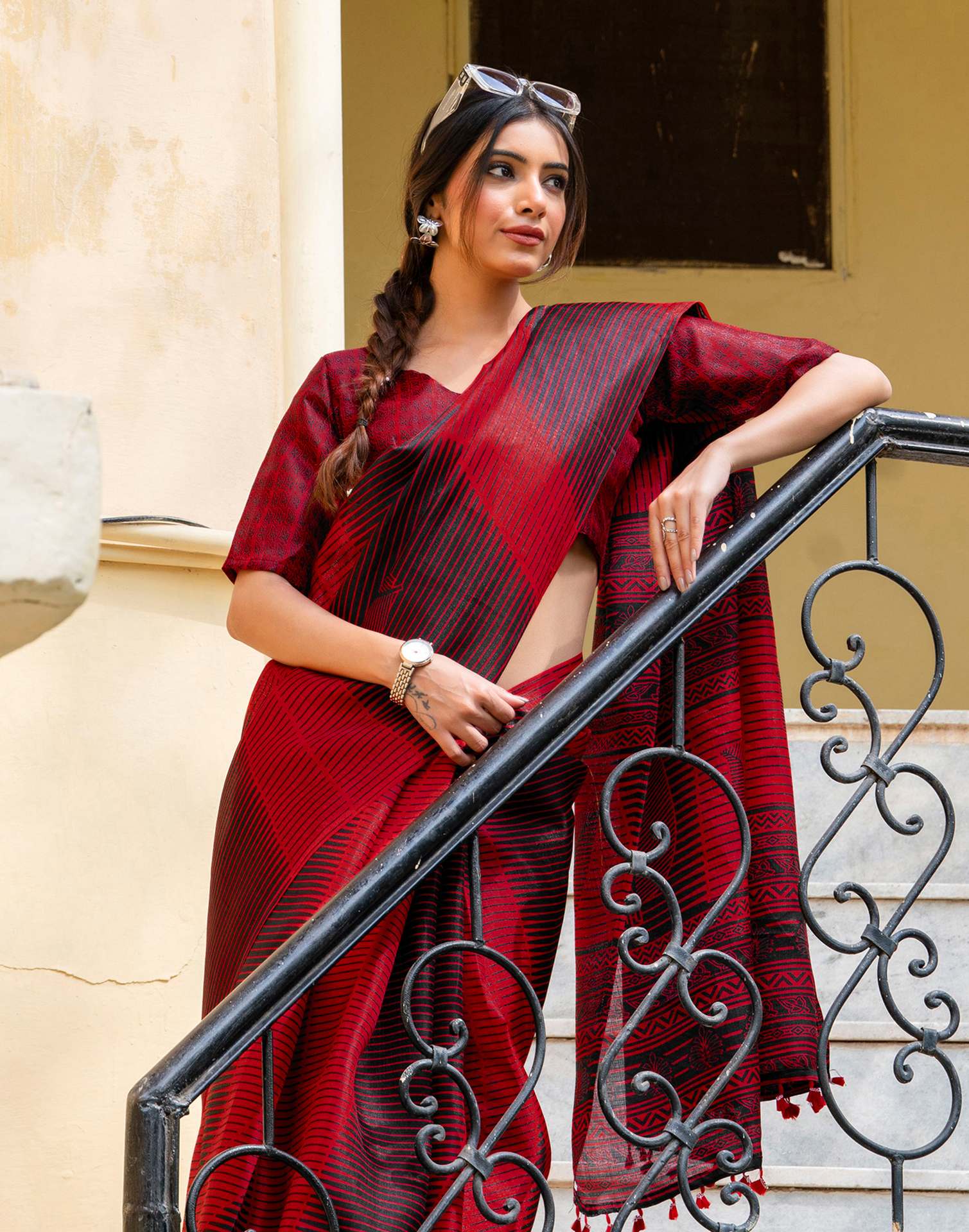 Red Khadi Printed Saree - Image 9