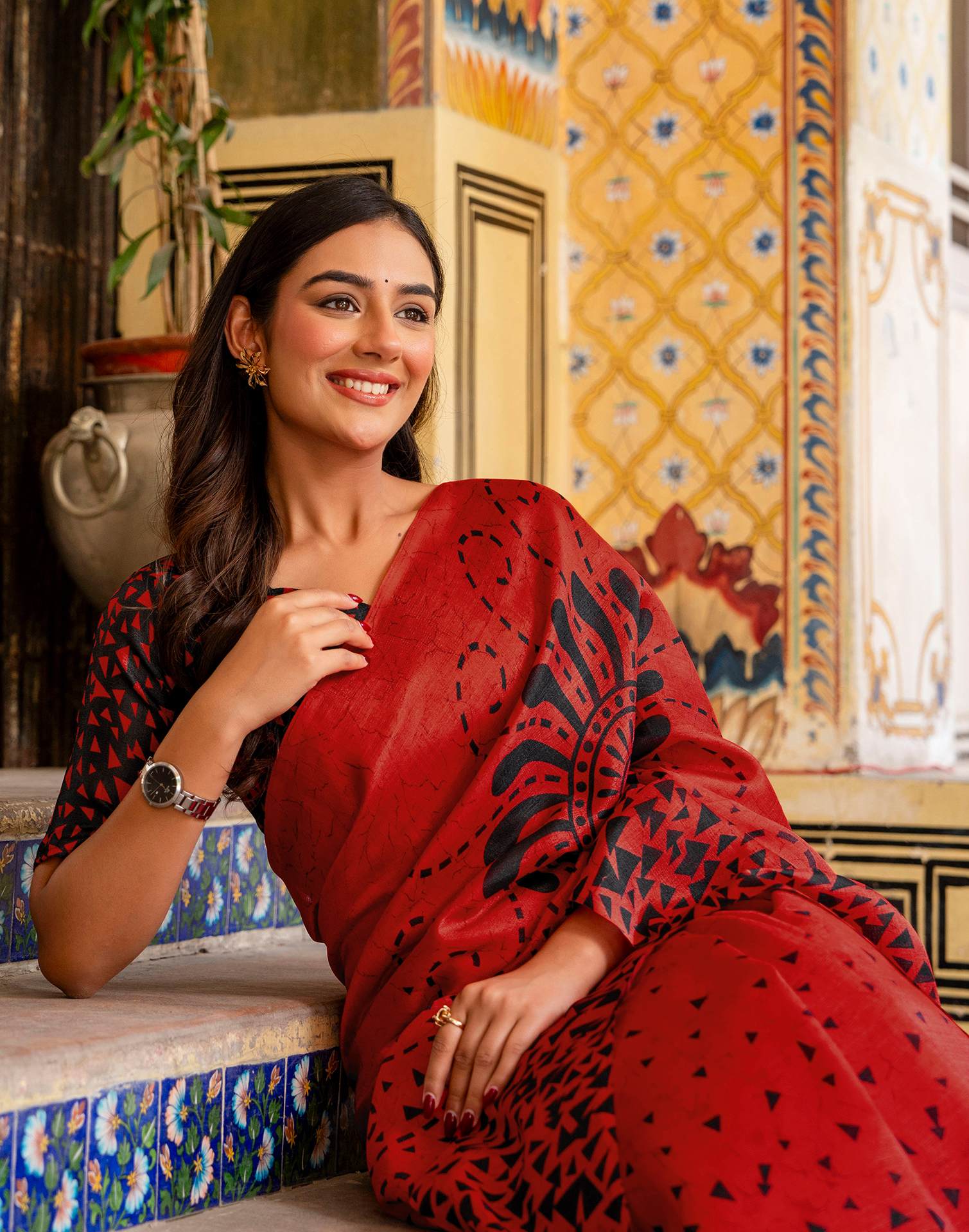 Red Khadi Printed Saree - Image 10