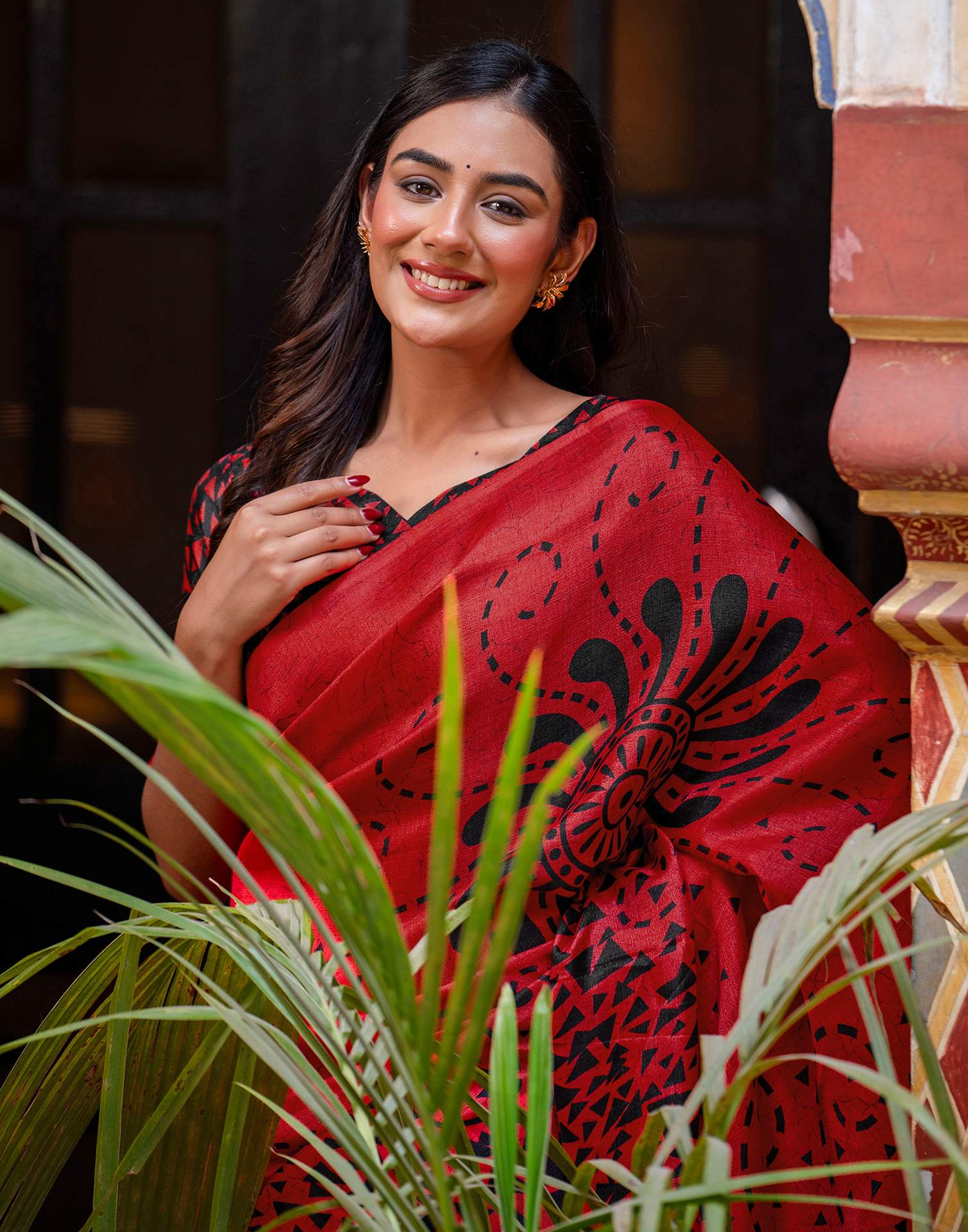 Red Khadi Printed Saree - Image 4
