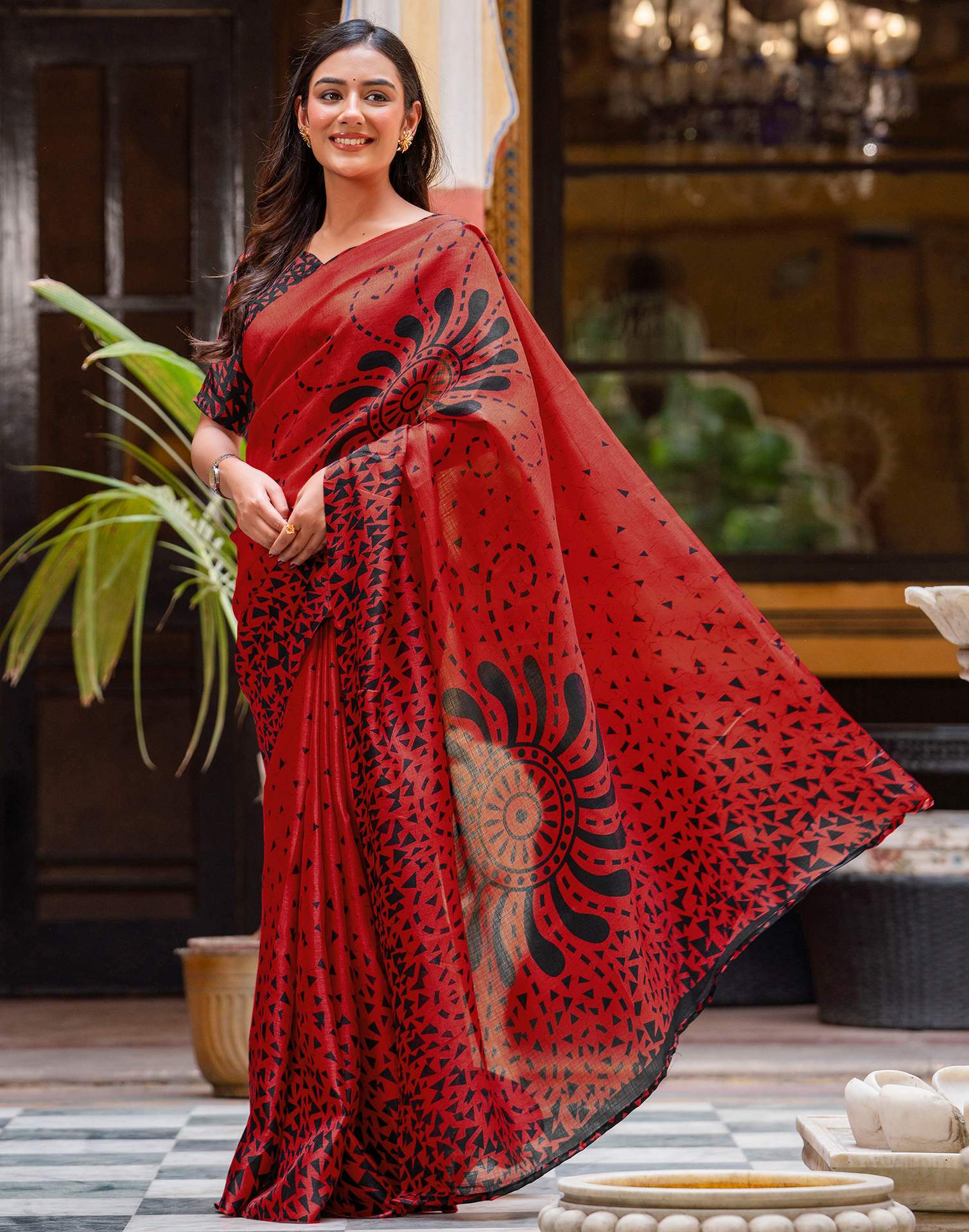 Red Khadi Printed Saree - Image 5