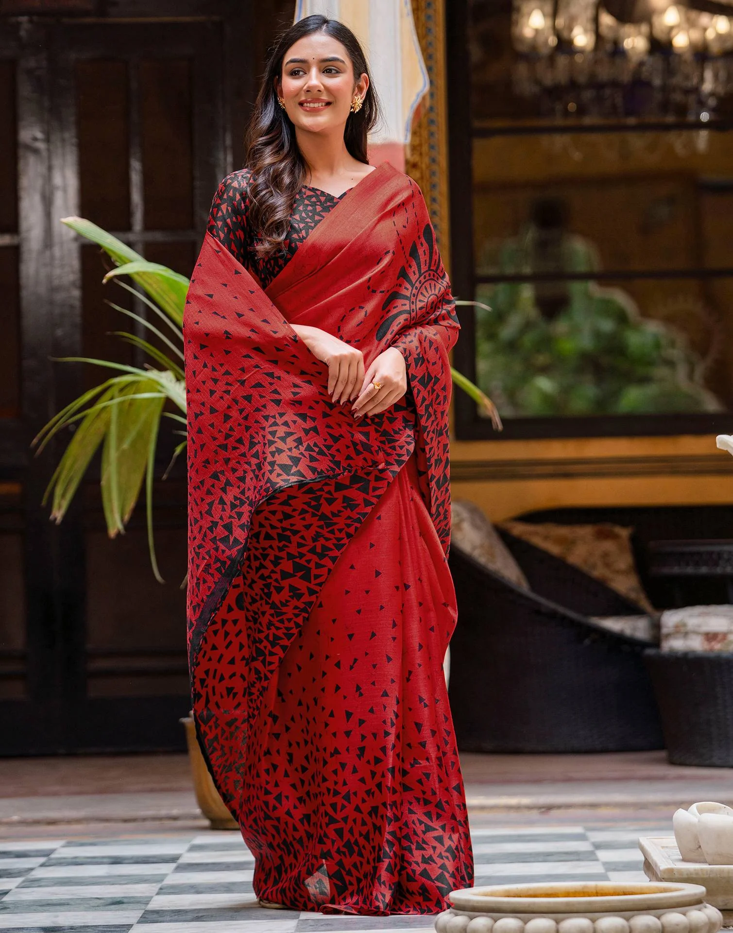 Red Khadi Printed Saree - Image 6