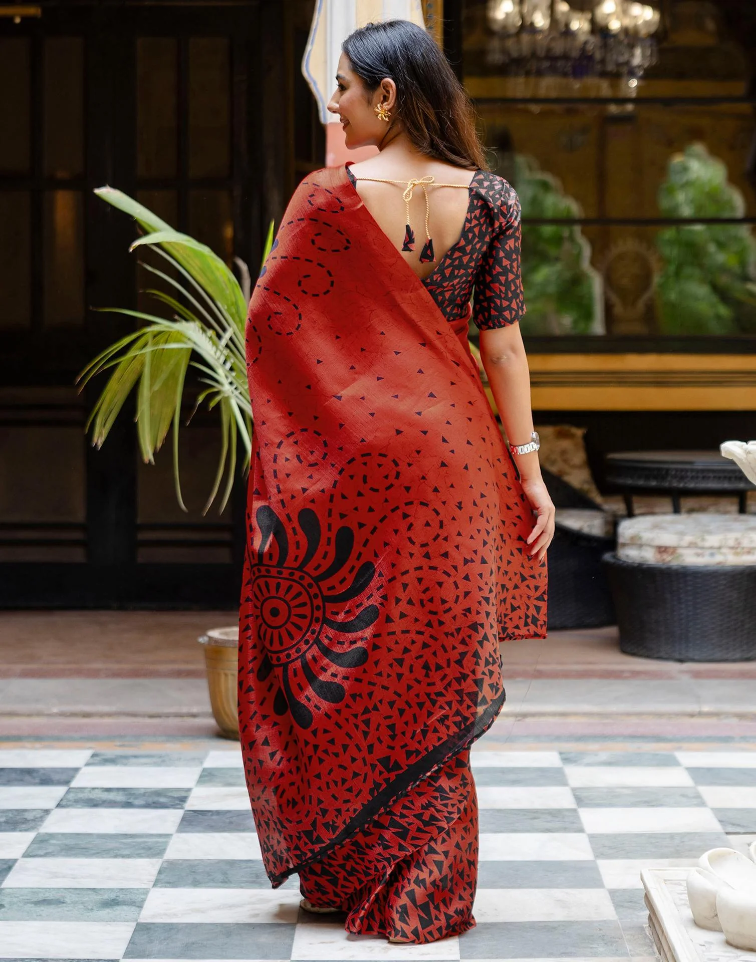 Red Khadi Printed Saree - Image 7