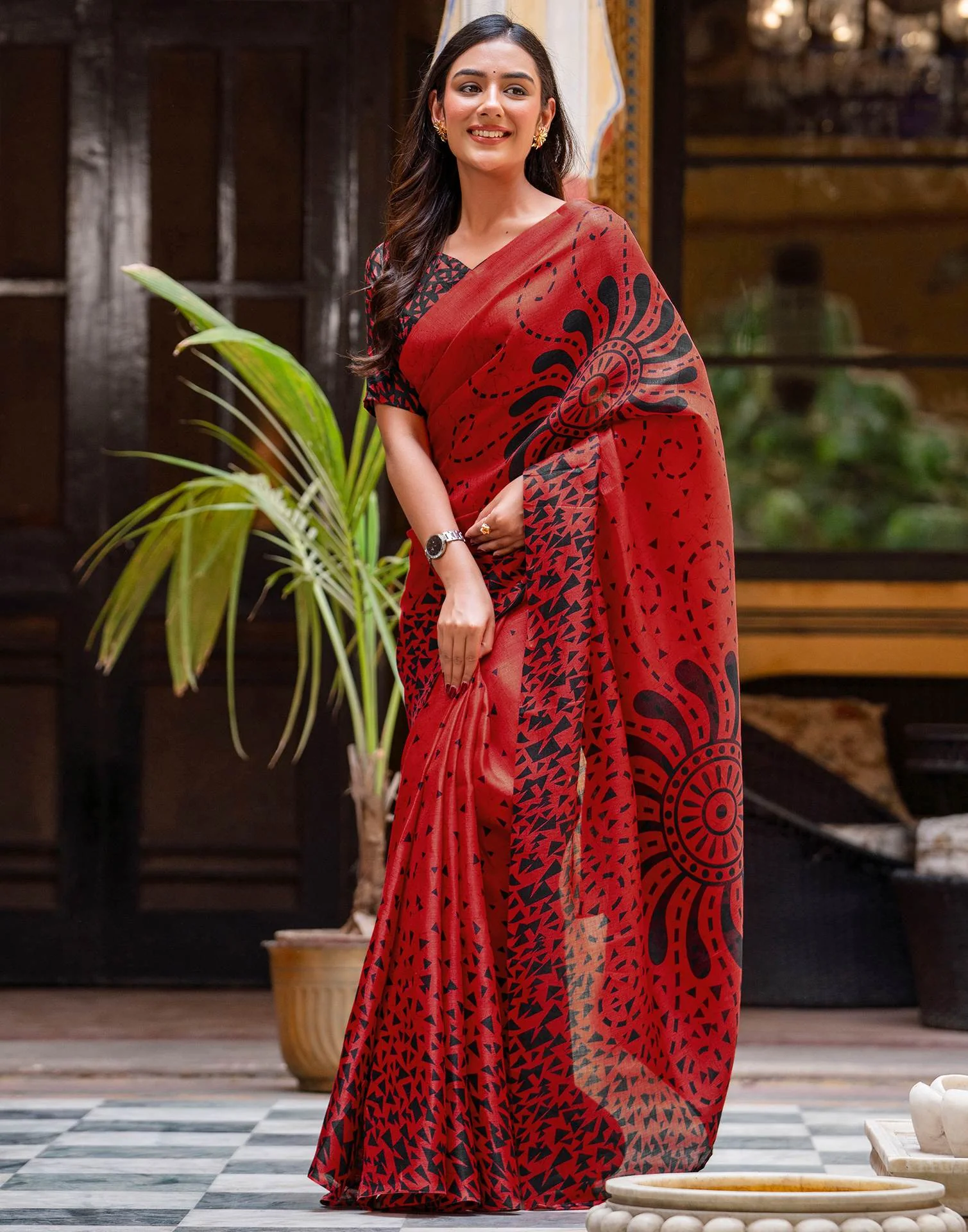 Red Khadi Printed Saree - Image 8