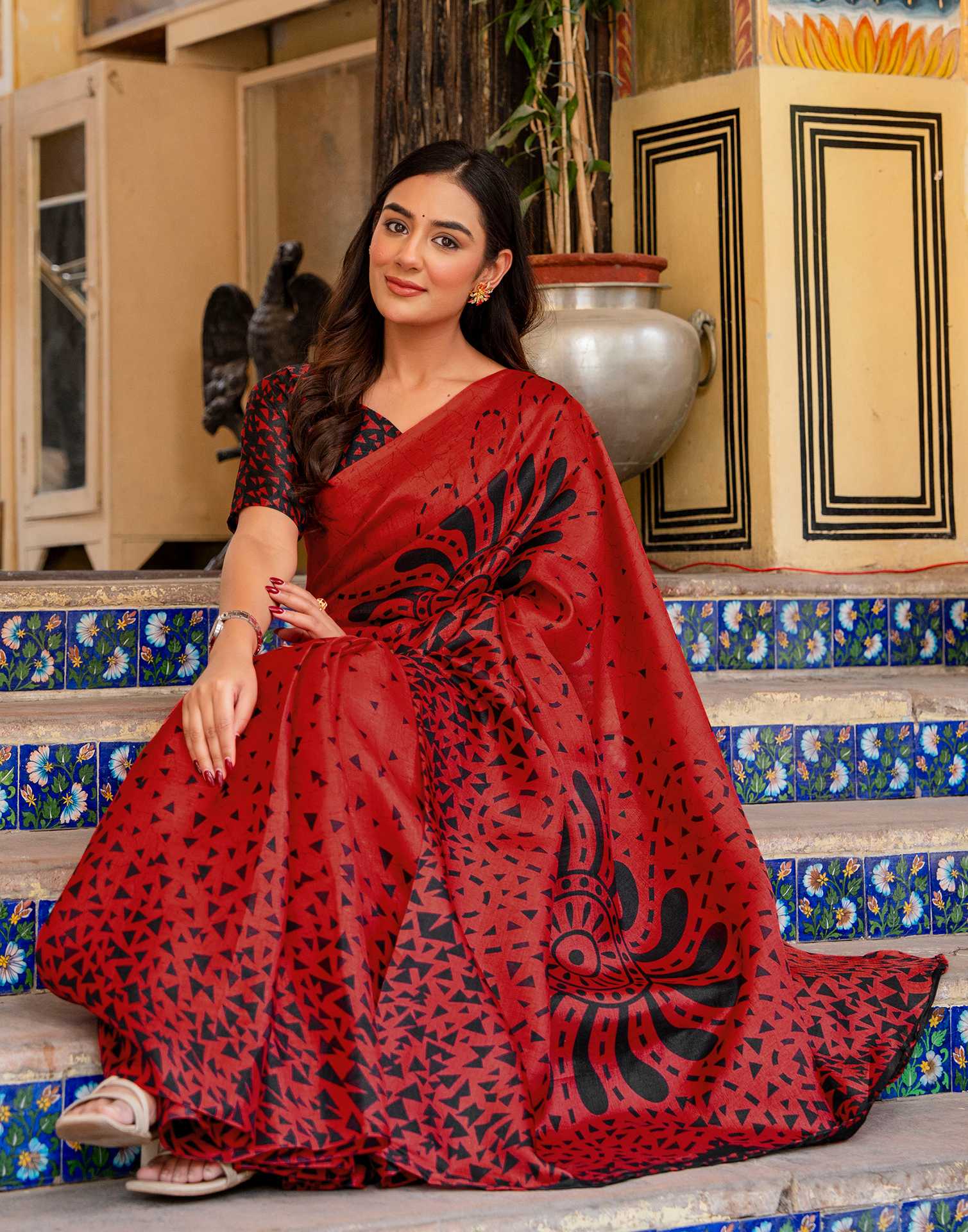 Red Khadi Printed Saree - Image 9