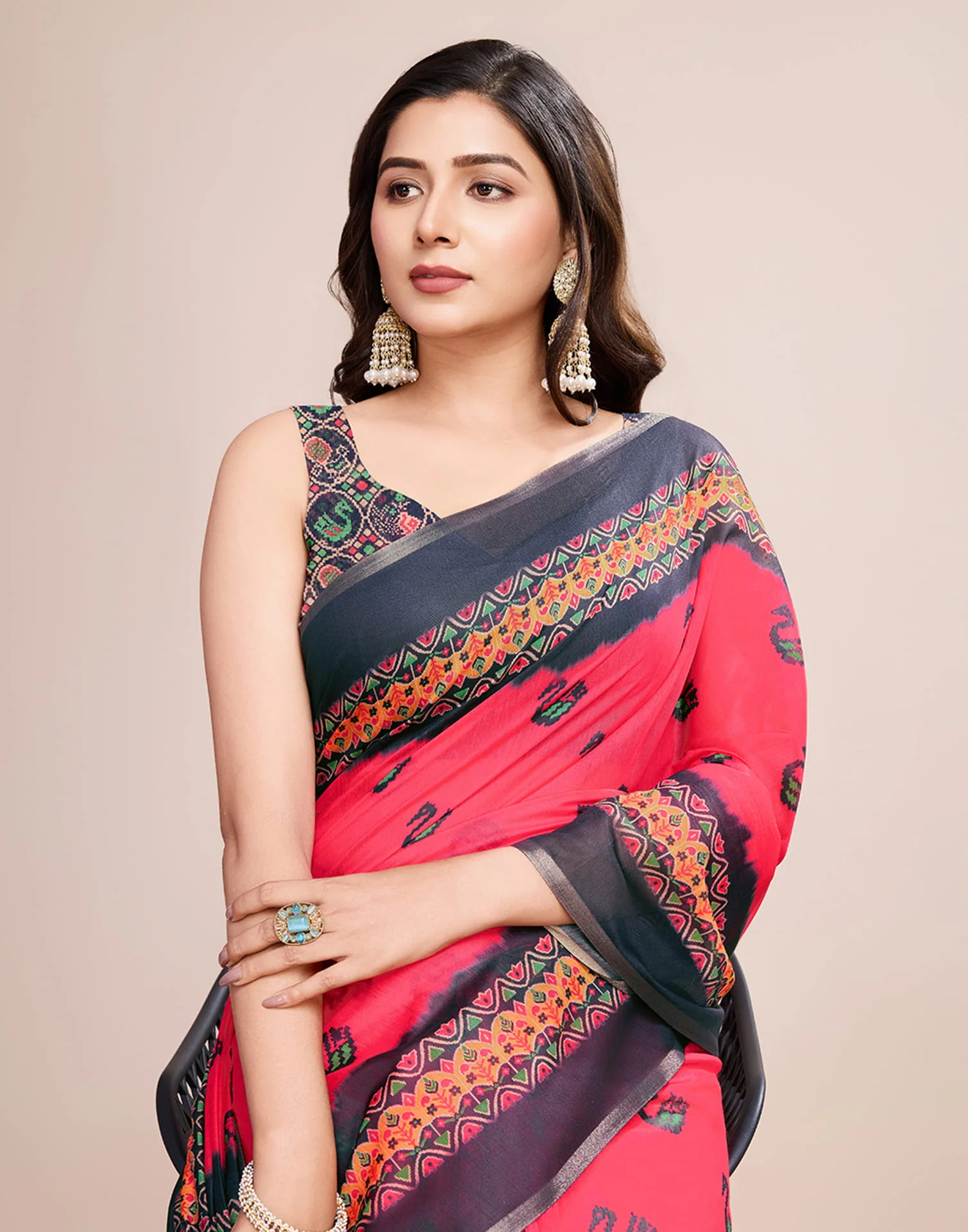 Red Linen Printed Saree - Image 2