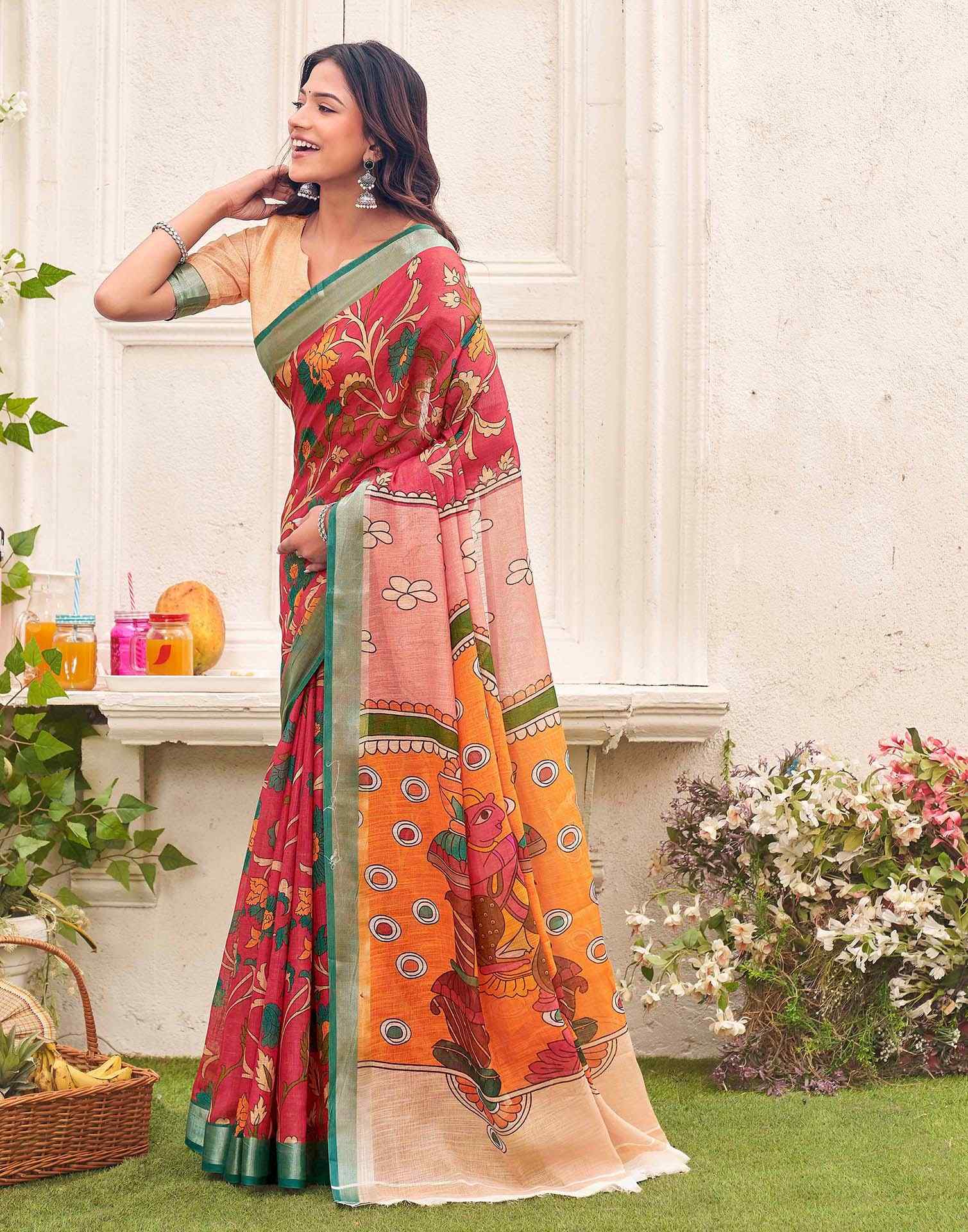 Red Linen Printed Kalamkari SareeĀ - Image 4