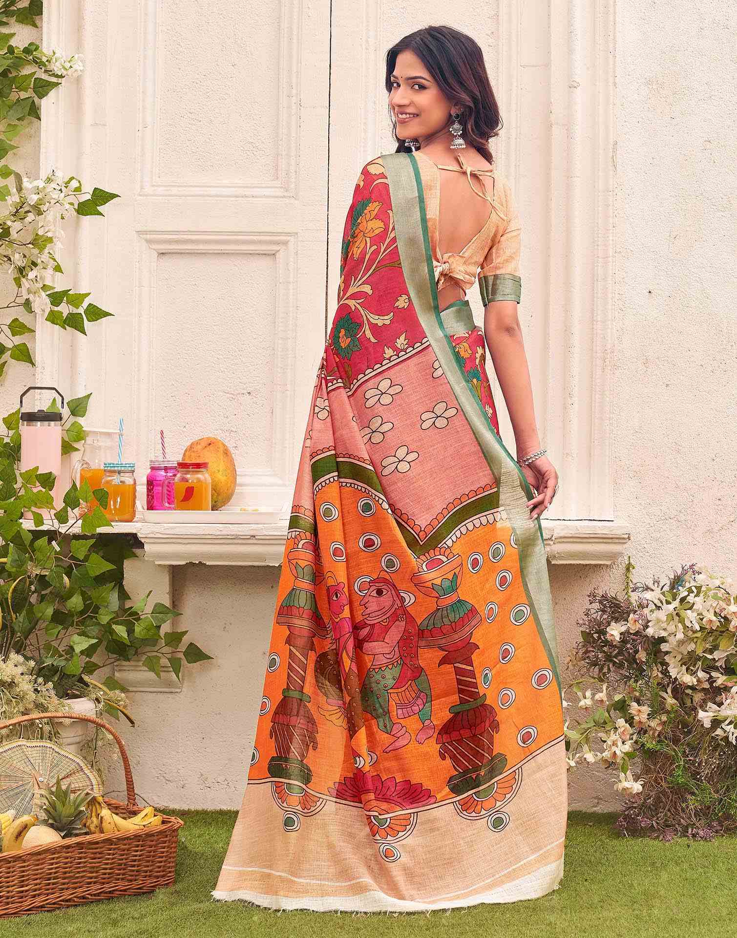 Red Linen Printed Kalamkari SareeĀ - Image 6