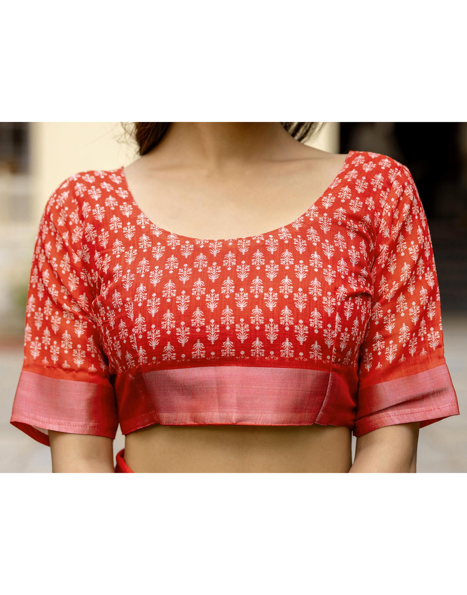 Red Linen Printed Saree - Image 12