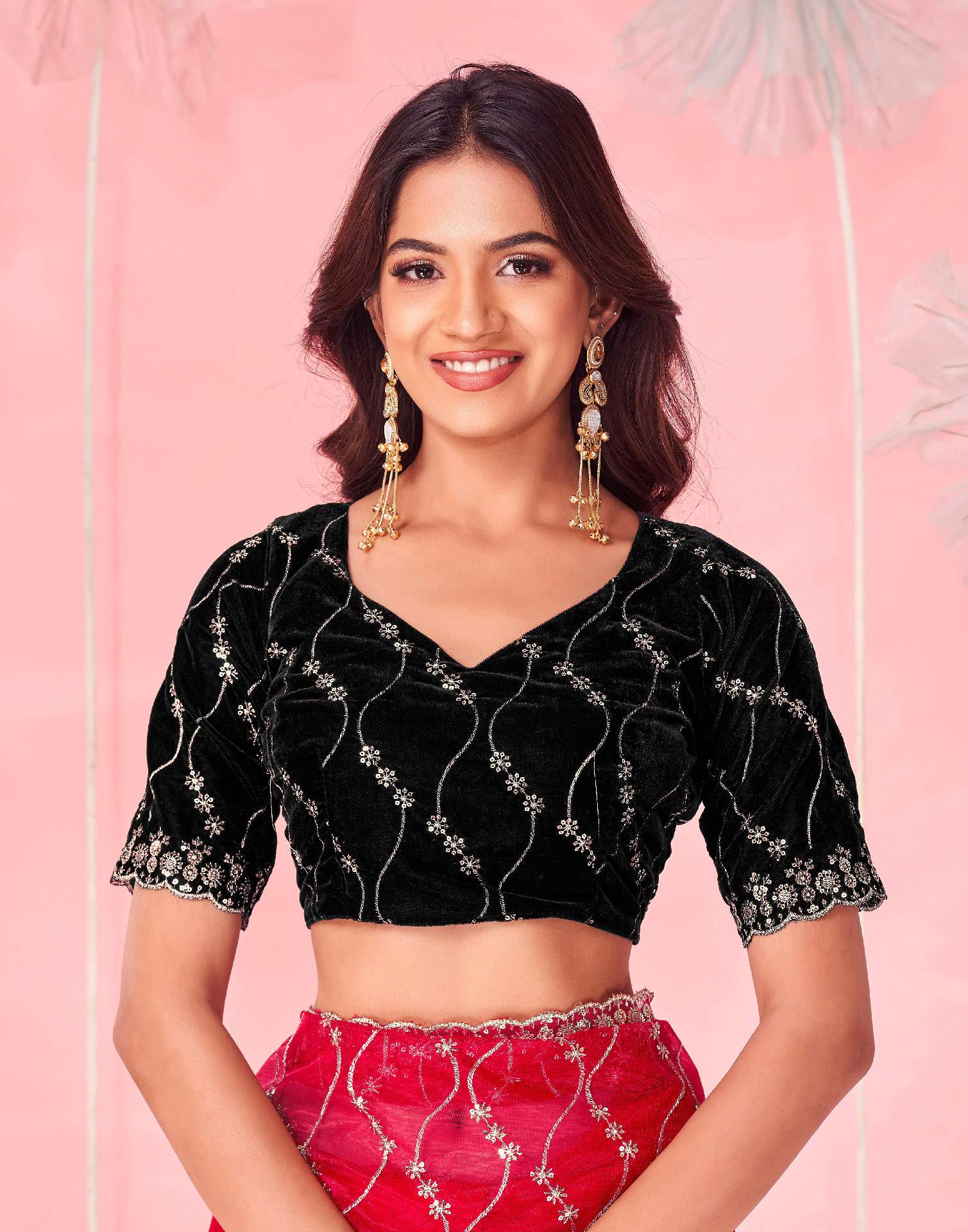 Red Valentine's Sequence Embroidery Saree - Image 8
