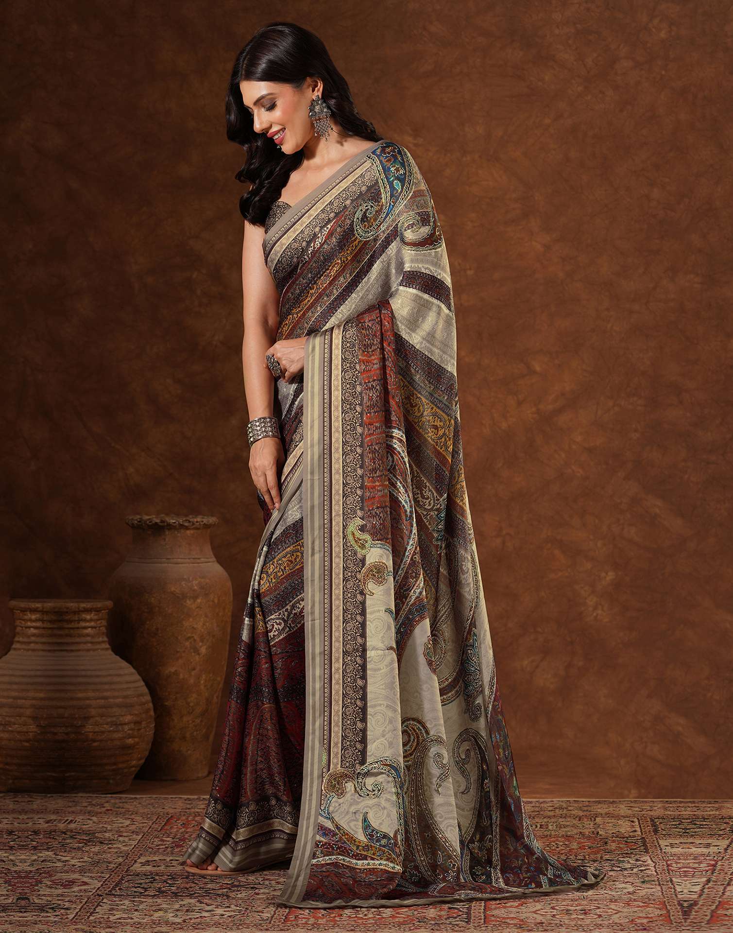 Red Satin Printed Saree - Image 4