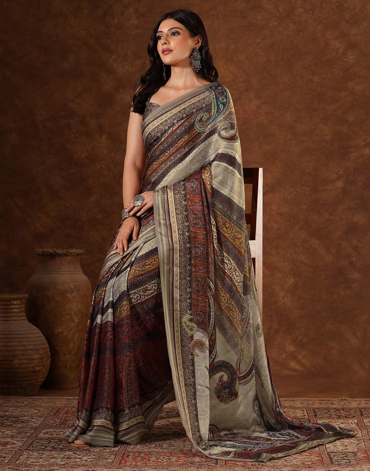 Red Satin Printed Saree - Image 5