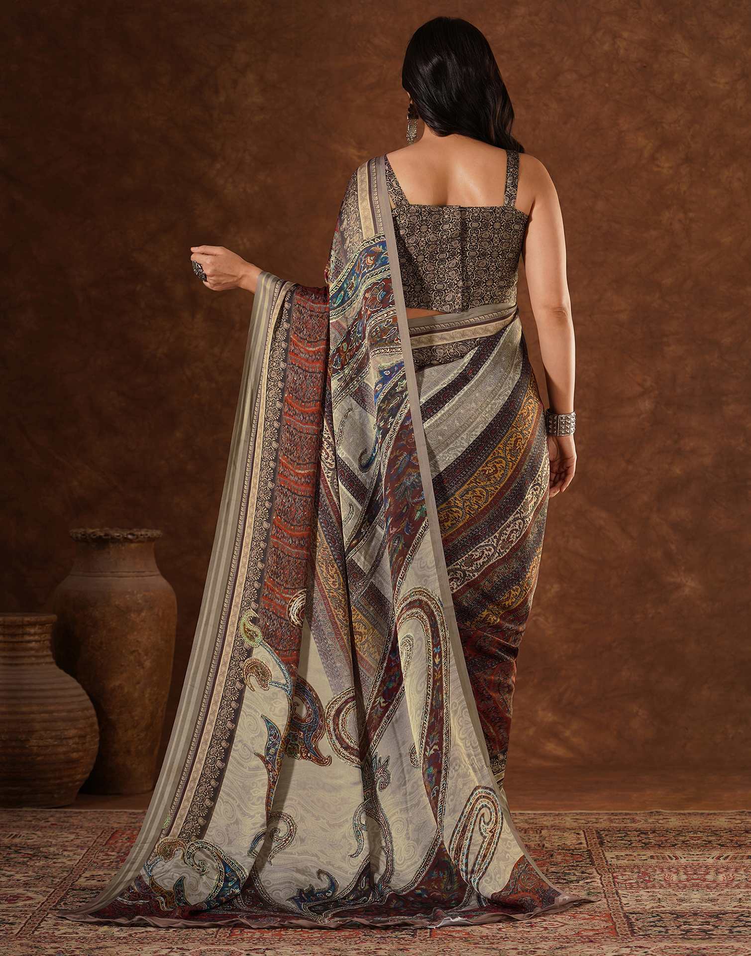 Red Satin Printed Saree - Image 6