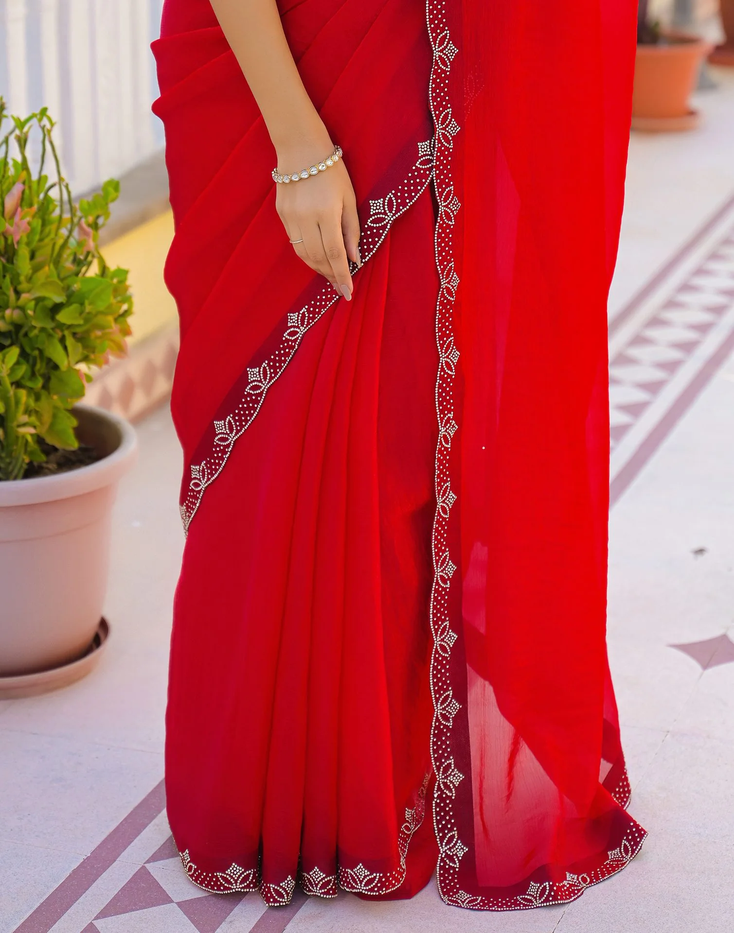 Red Satin Stone Work Embellished Saree - Image 13