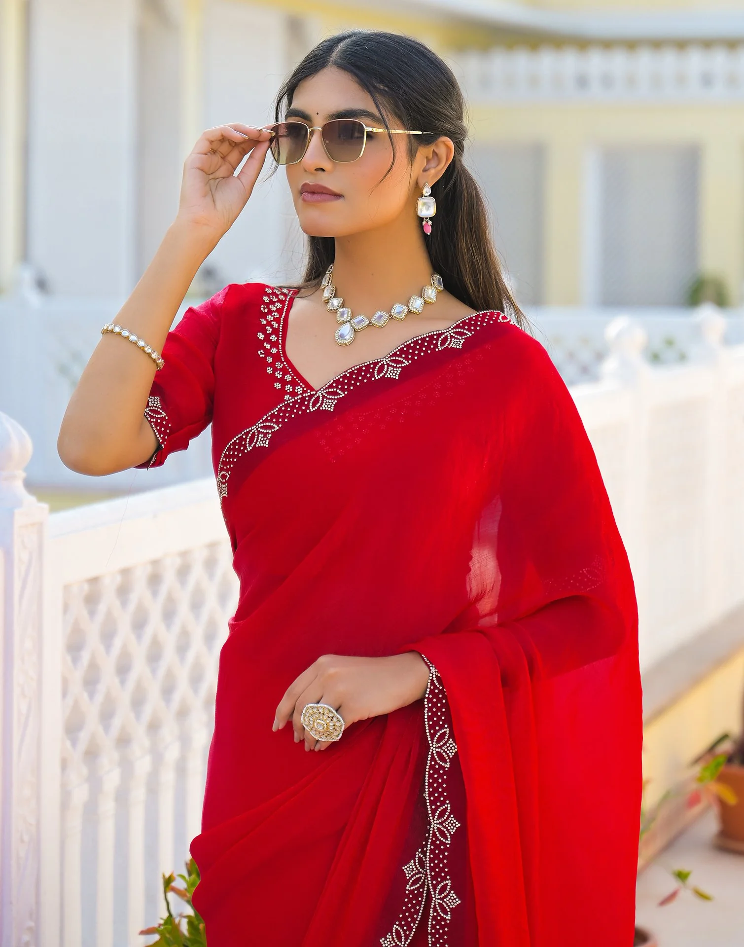 Red Satin Stone Work Embellished Saree - Image 3