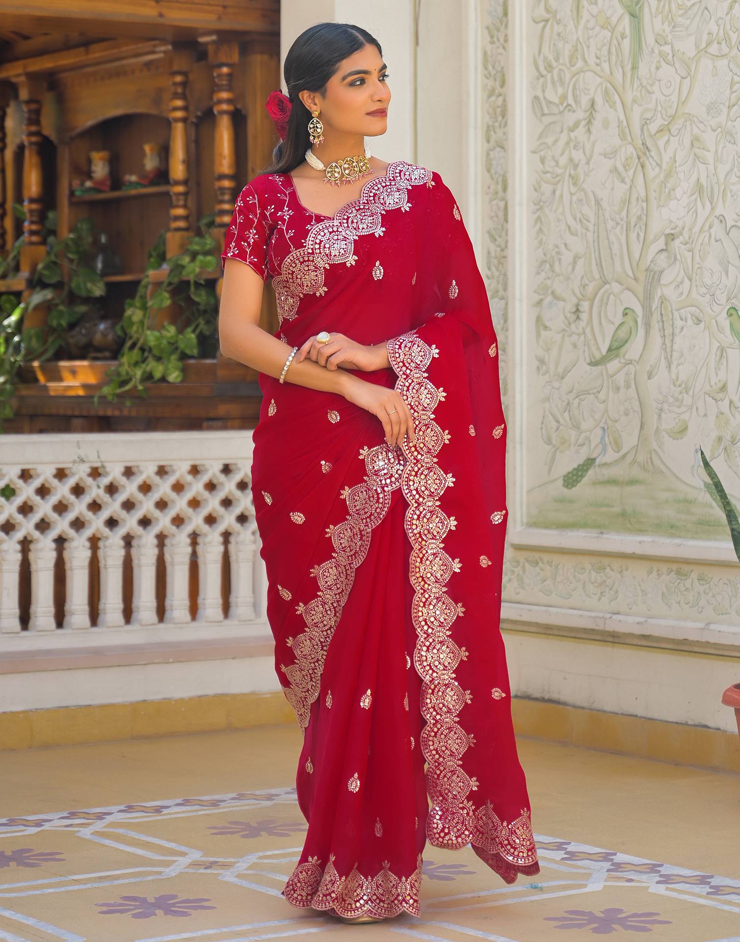 Red Shimmer Chiffon Sequence Embroidery saree - Image 2