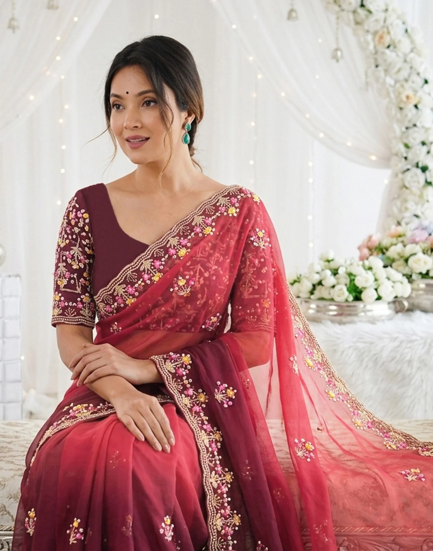 Red Shimmer Embroidery Saree - Image 4