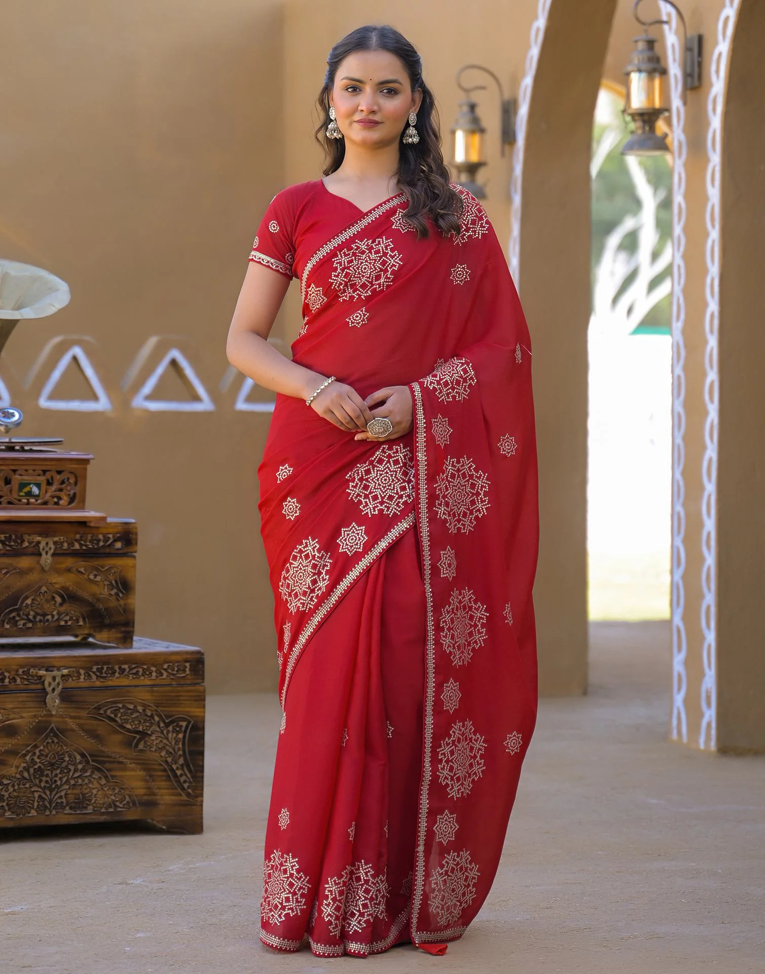Red Shimmer Sequence Embroidery Saree