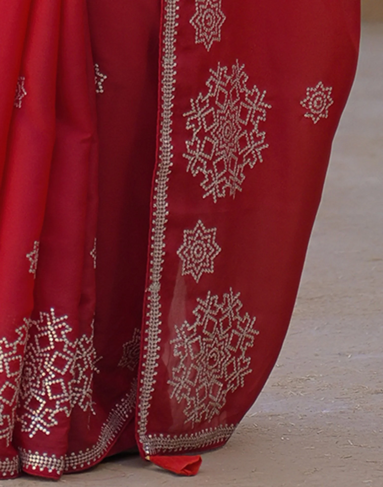 Red Shimmer Sequence Embroidery Saree - Image 10