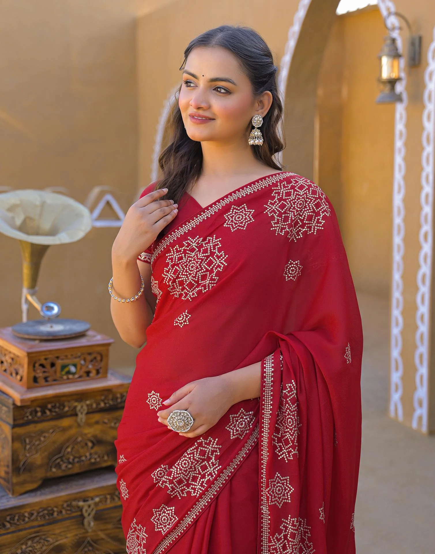 Red Shimmer Sequence Embroidery Saree - Image 2