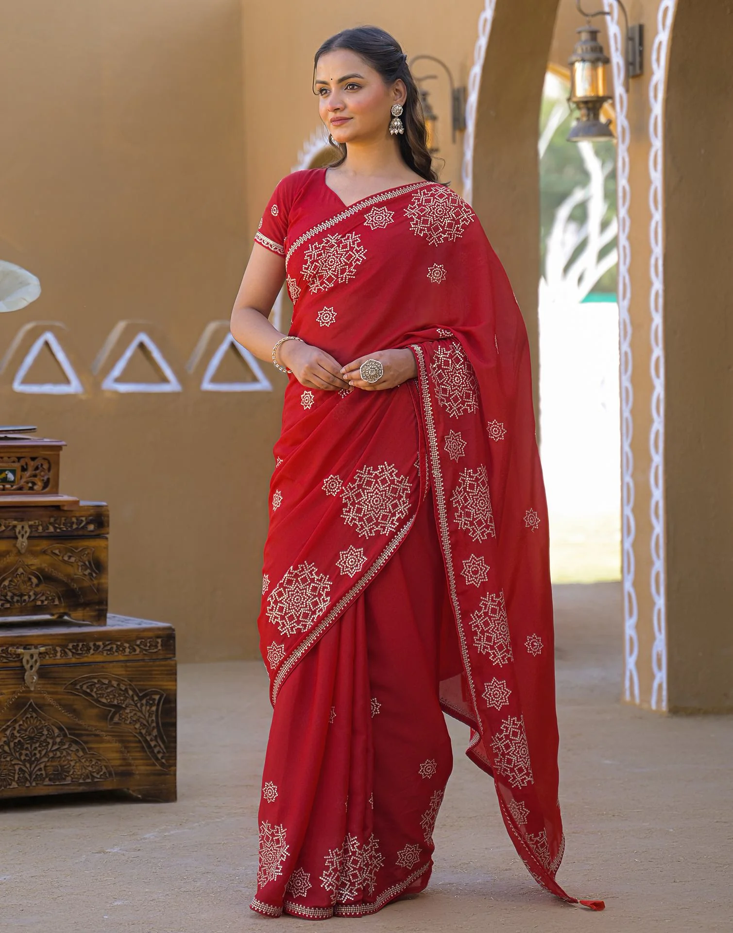 Red Shimmer Sequence Embroidery Saree - Image 4