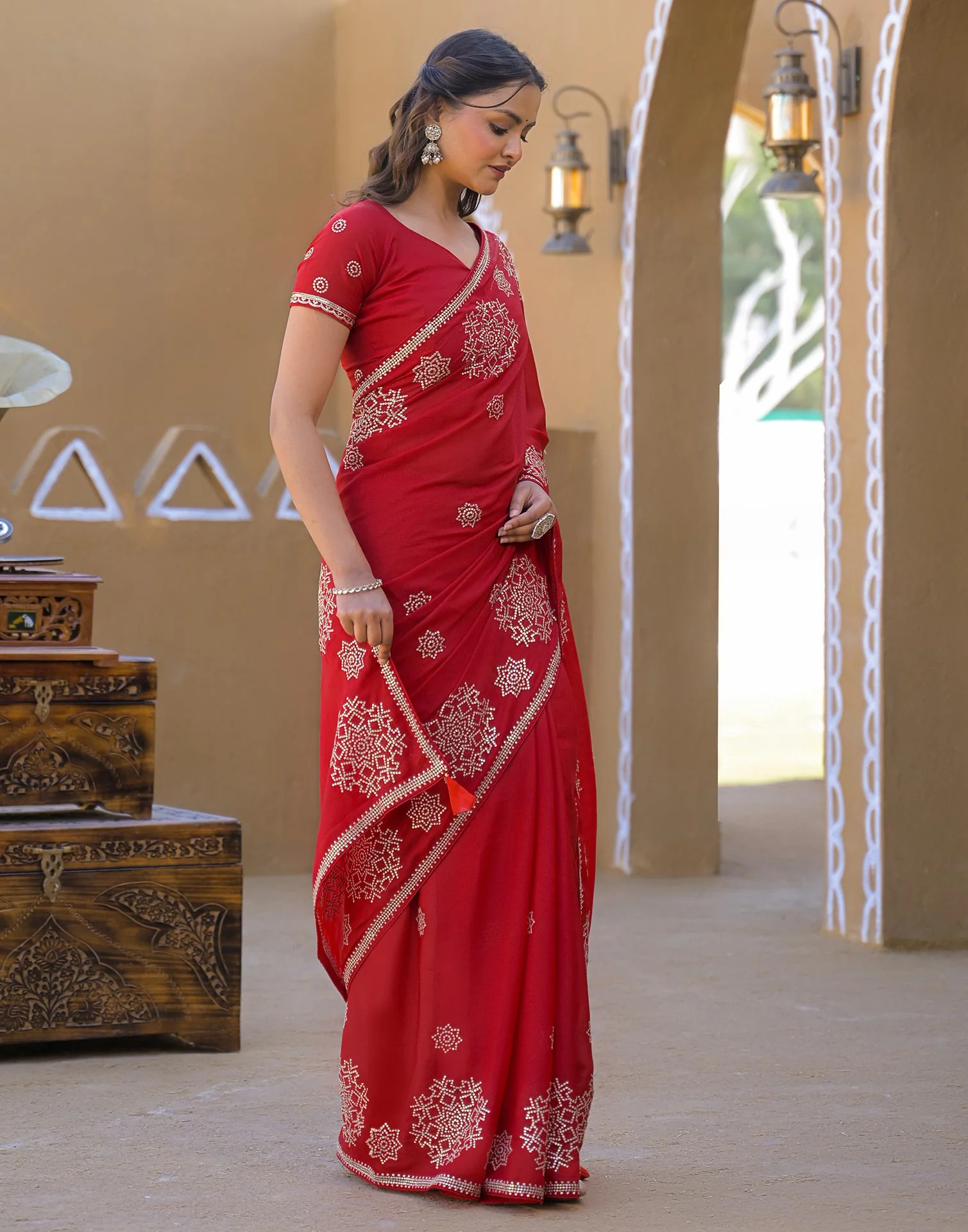 Red Shimmer Sequence Embroidery Saree - Image 5