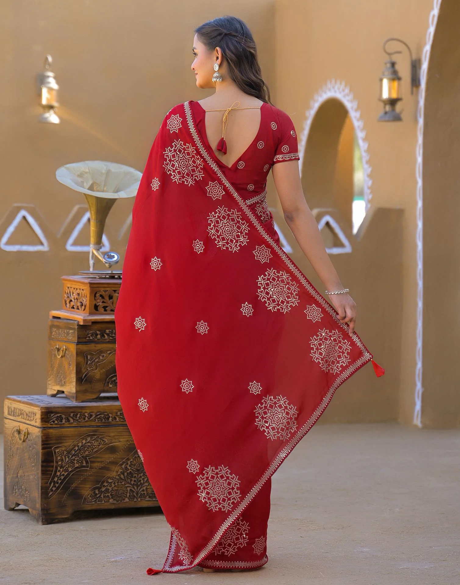 Red Shimmer Sequence Embroidery Saree - Image 6