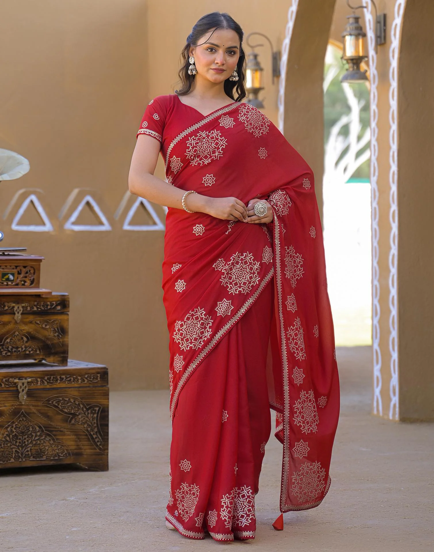 Red Shimmer Sequence Embroidery Saree - Image 7