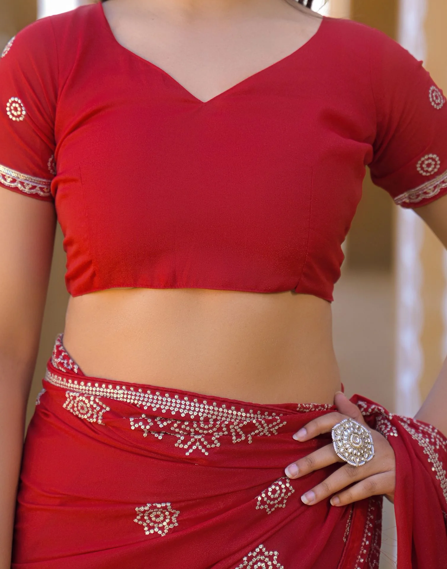 Red Shimmer Sequence Embroidery Saree - Image 8