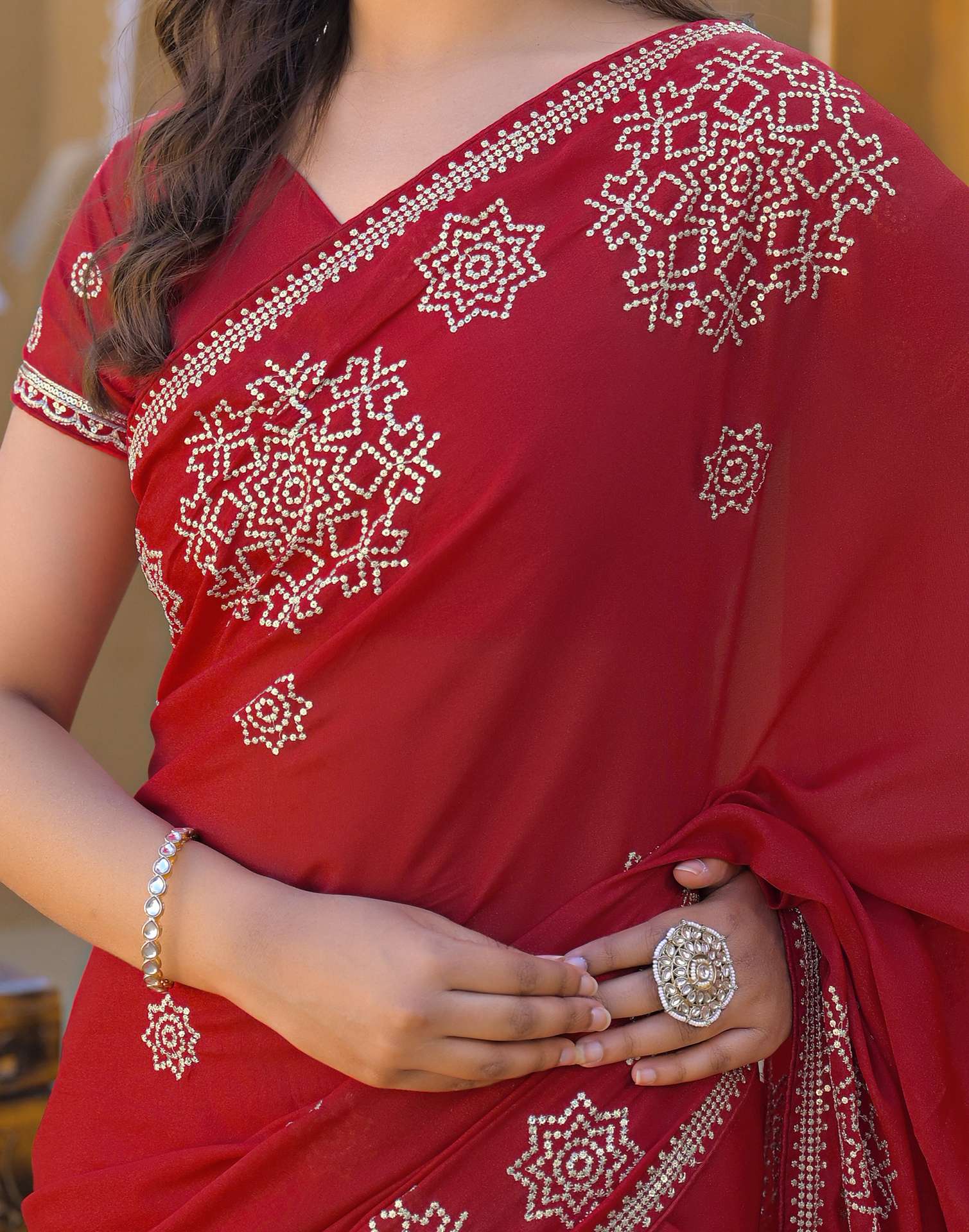 Red Shimmer Sequence Embroidery Saree - Image 9