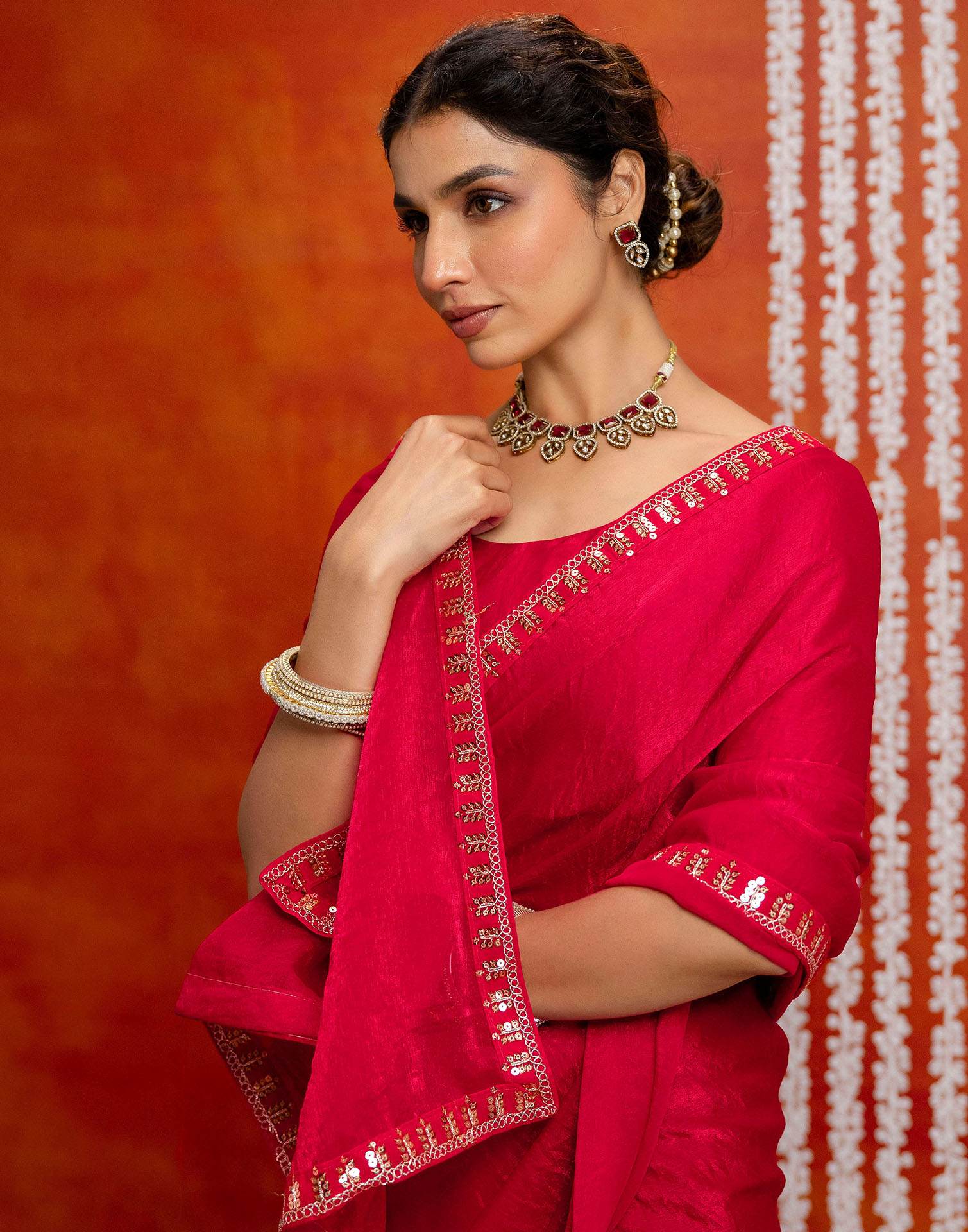 Red Shimmer Sequence Lace Saree - Image 2