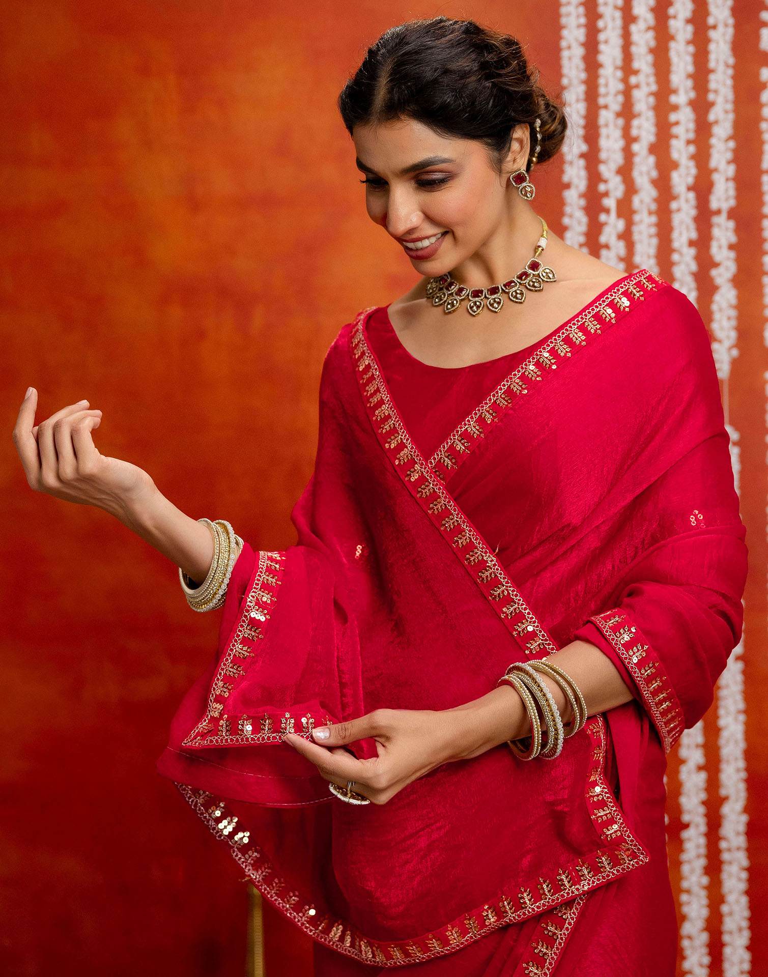 Red Shimmer Sequence Lace Saree - Image 4