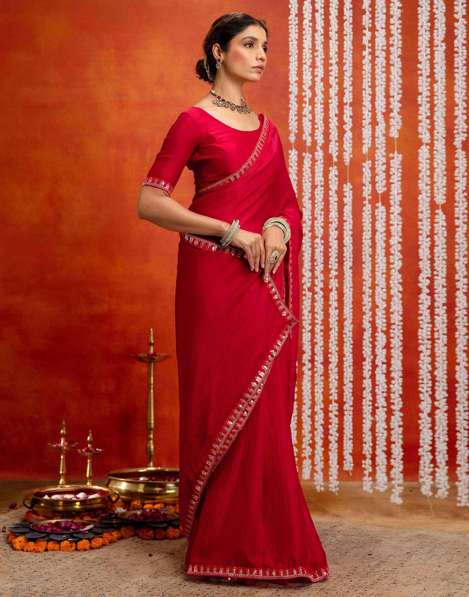 Red Shimmer Sequence Lace Saree - Image 6