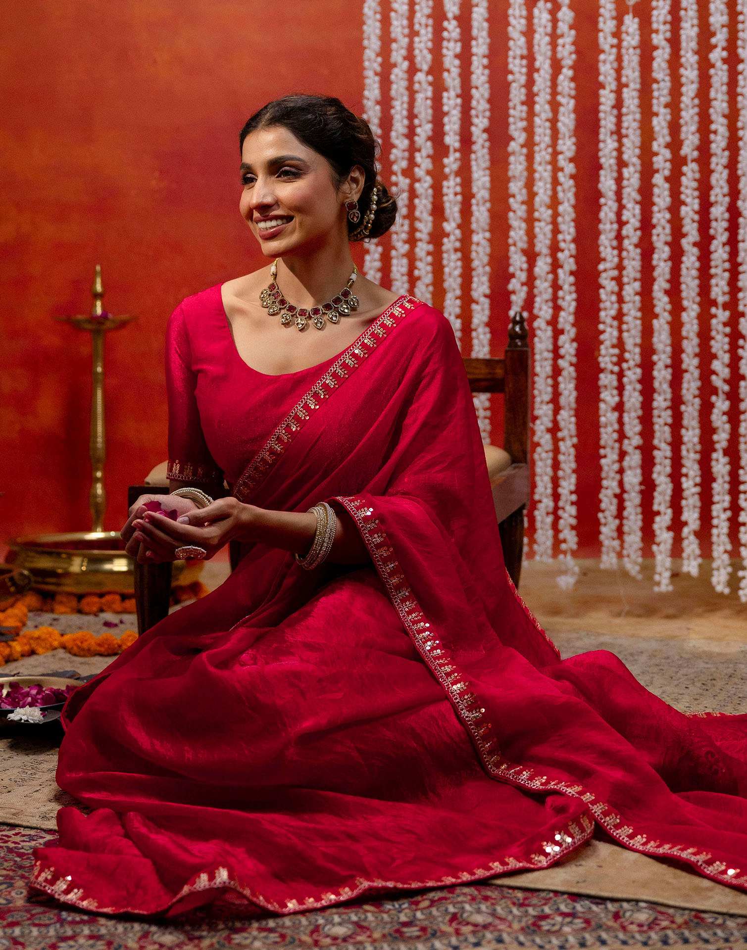 Red Shimmer Sequence Lace Saree - Image 7