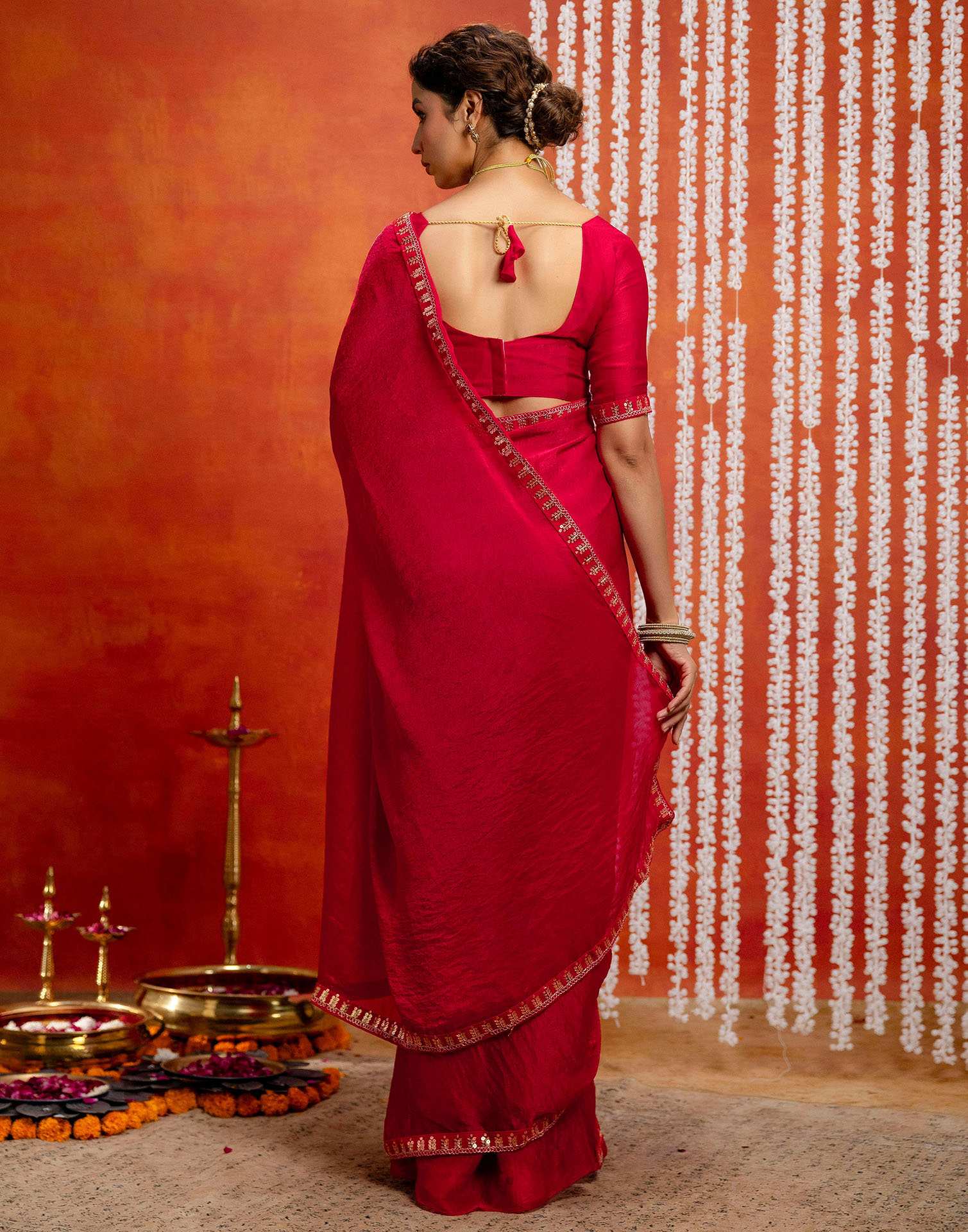 Red Shimmer Sequence Lace Saree - Image 8