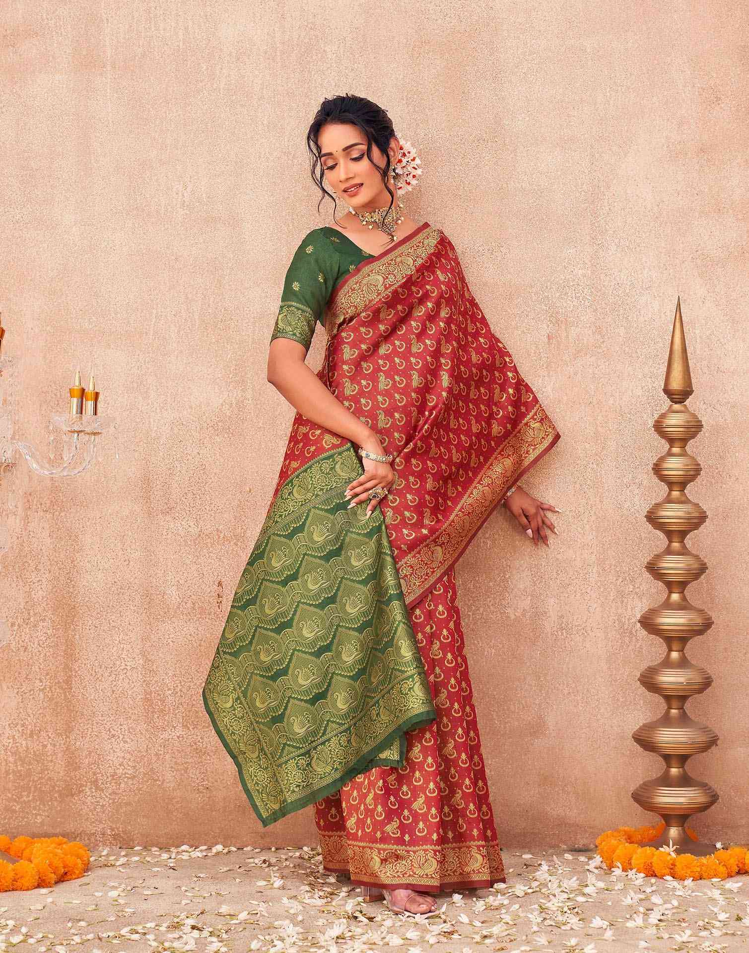 Red Shimmer Silk Woven Banarasi Saree - Image 5