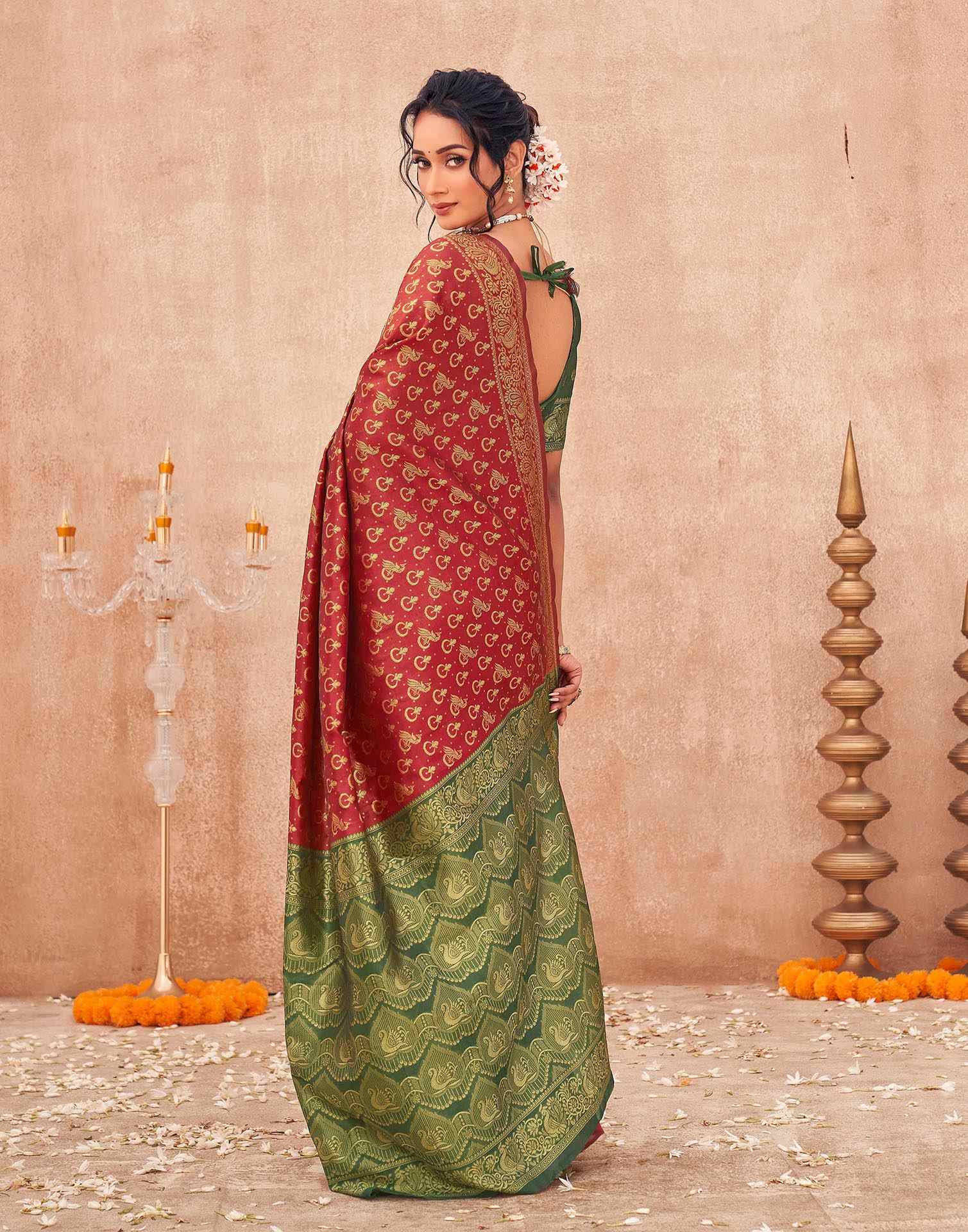 Red Shimmer Silk Woven Banarasi Saree - Image 6