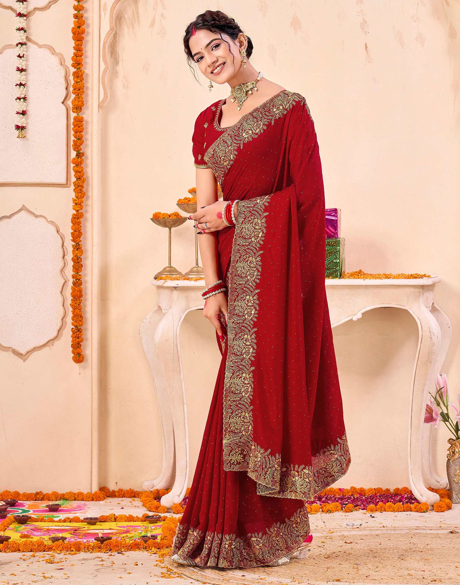 Red Silk Embroidery Embellished Saree - Image 4