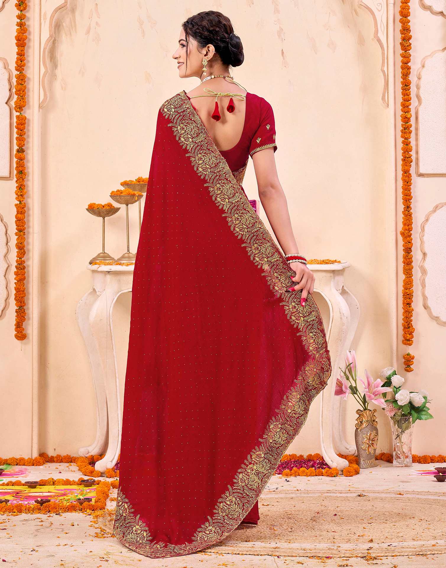 Red Silk Embroidery Embellished Saree - Image 6