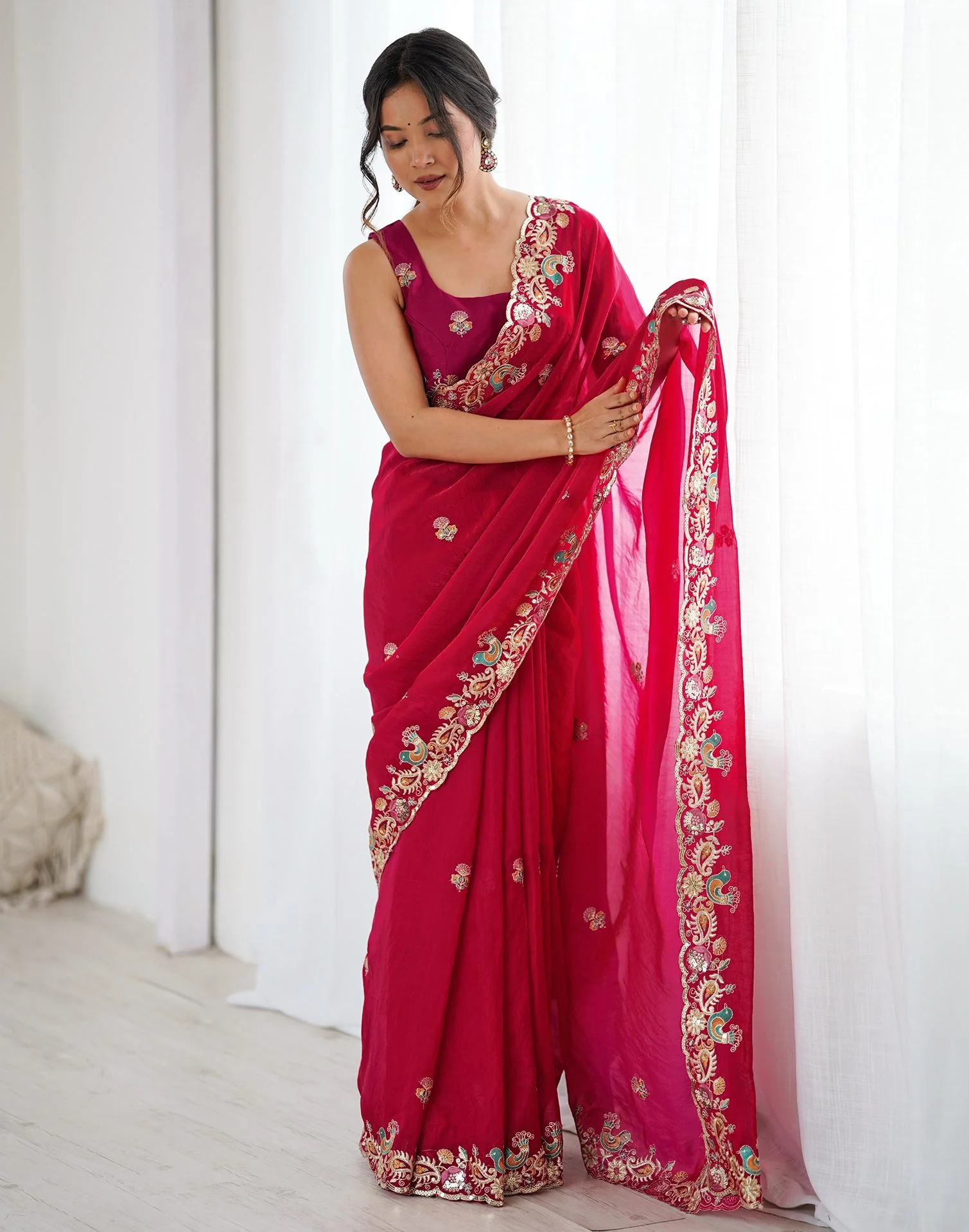 Red Silk Embroidery Saree - Image 8