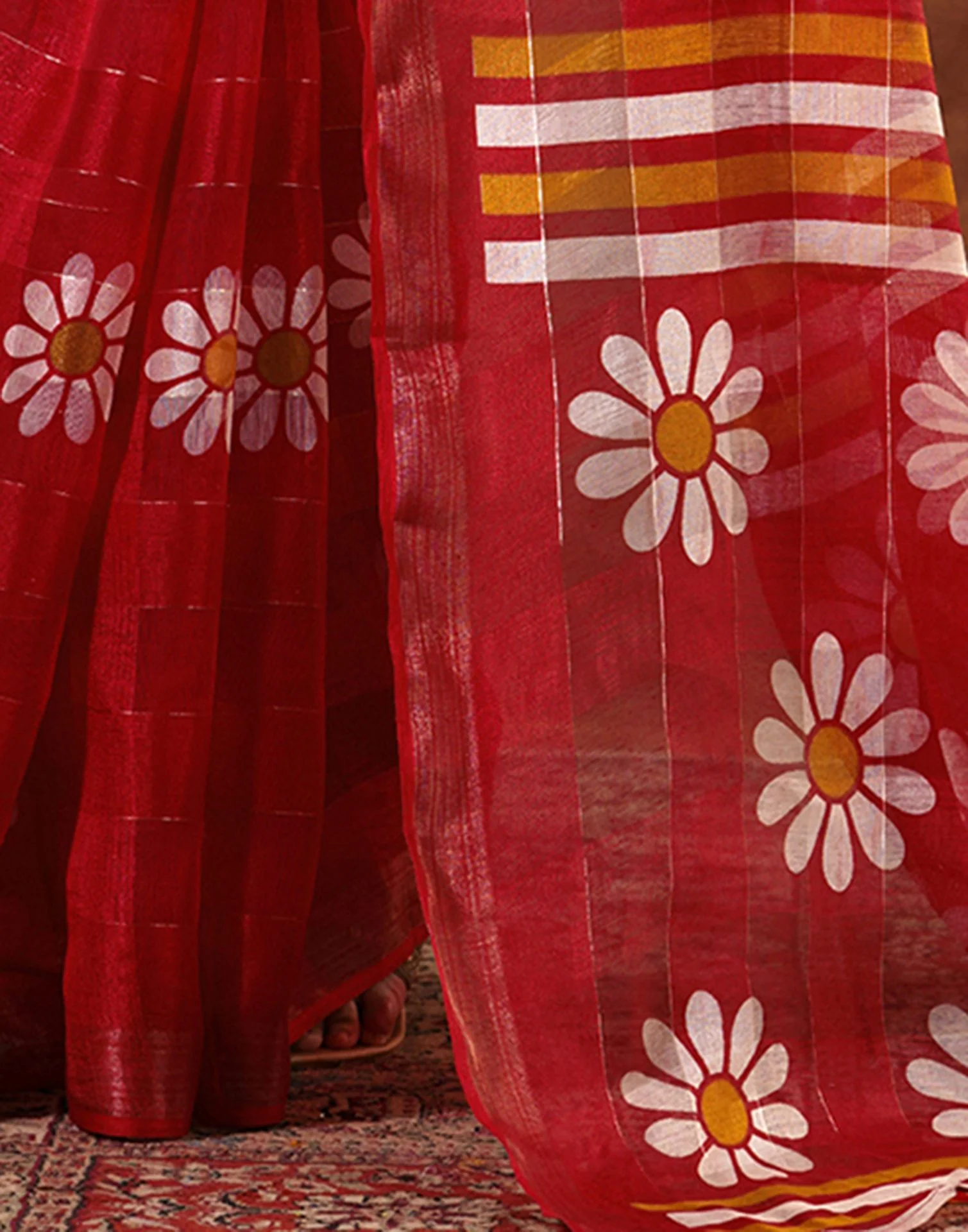 Red Silk Floral Printed Saree - Image 8