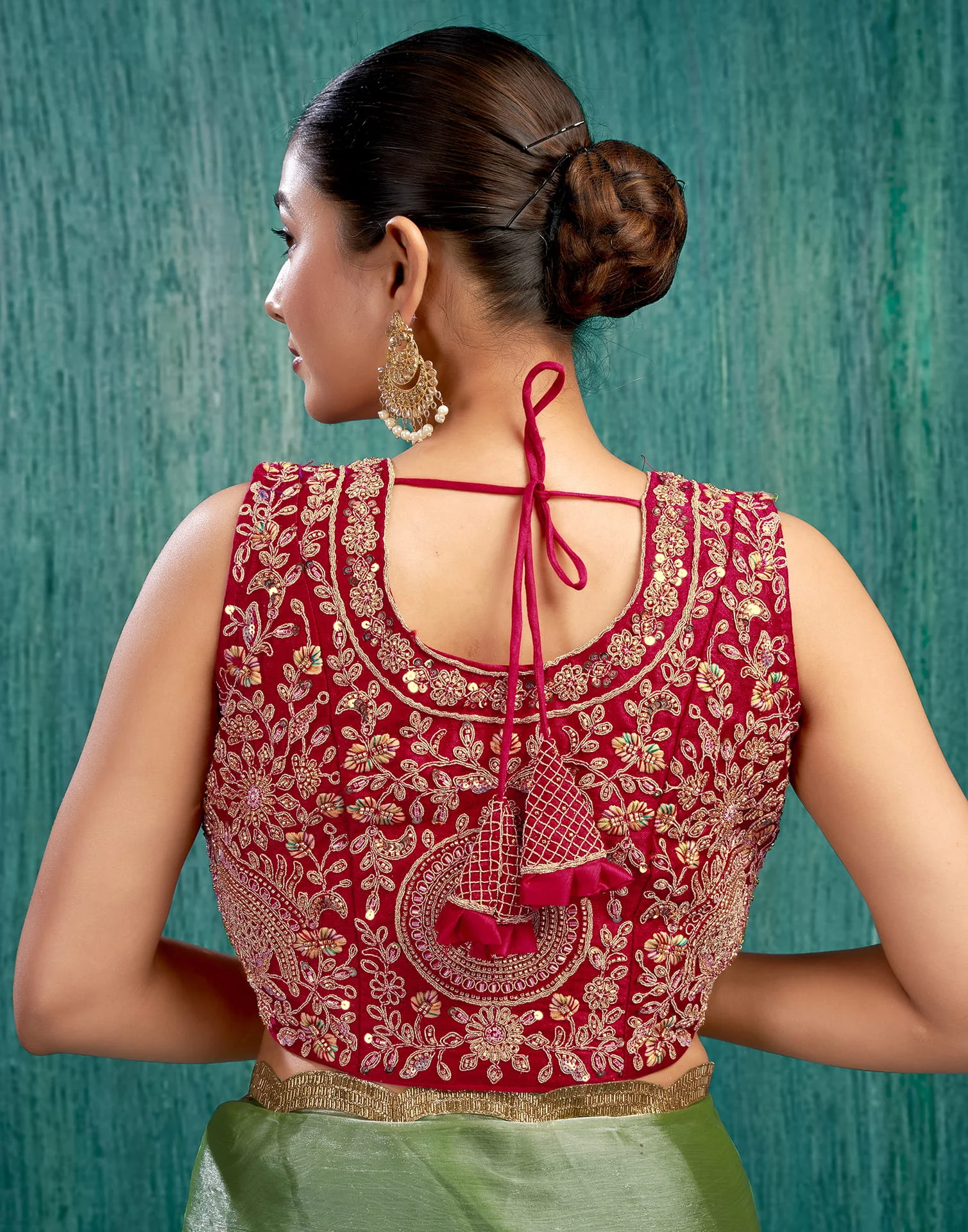 Red Silk Plain Embroidery Blouse - Image 2