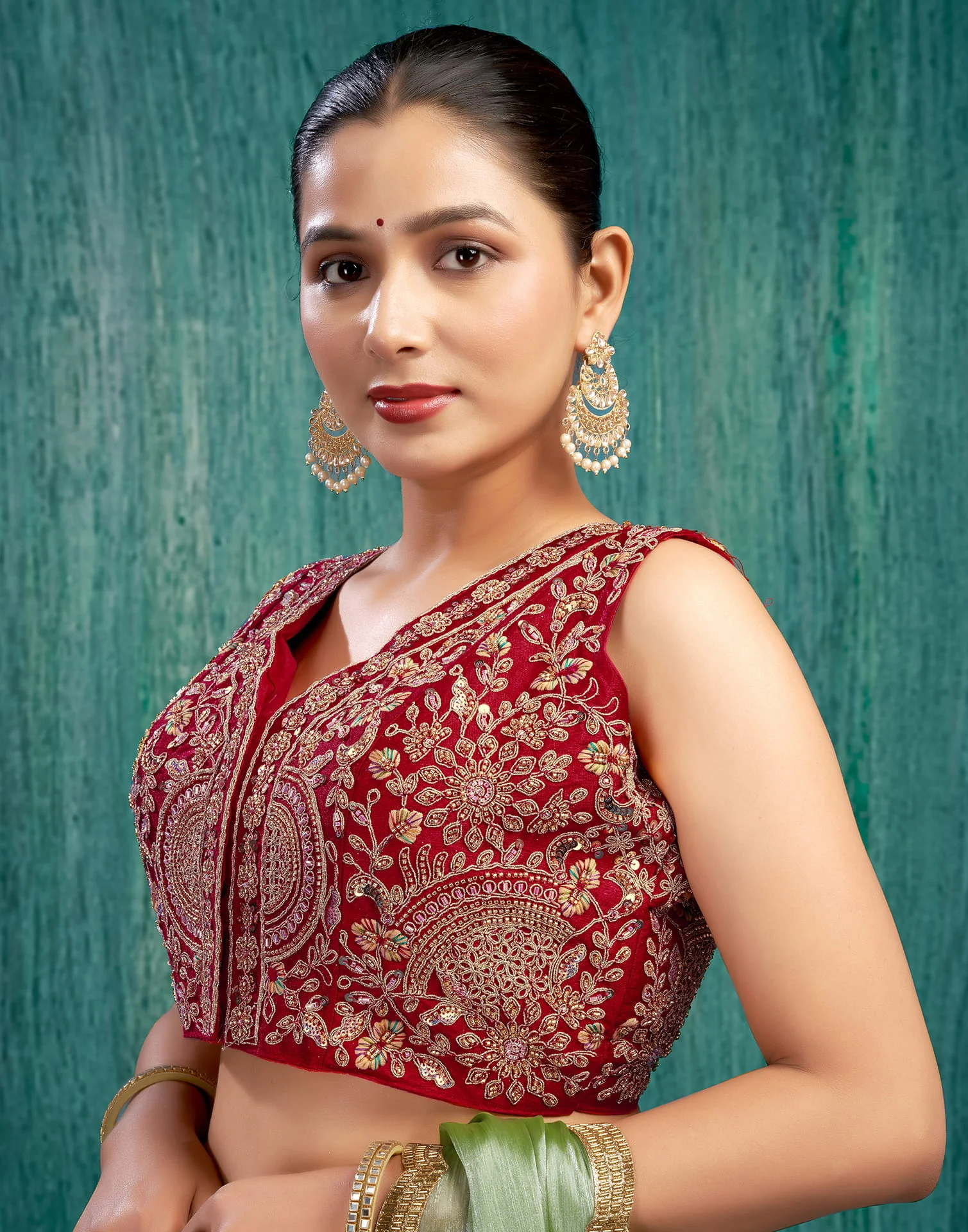 Red Silk Plain Embroidery Blouse - Image 4