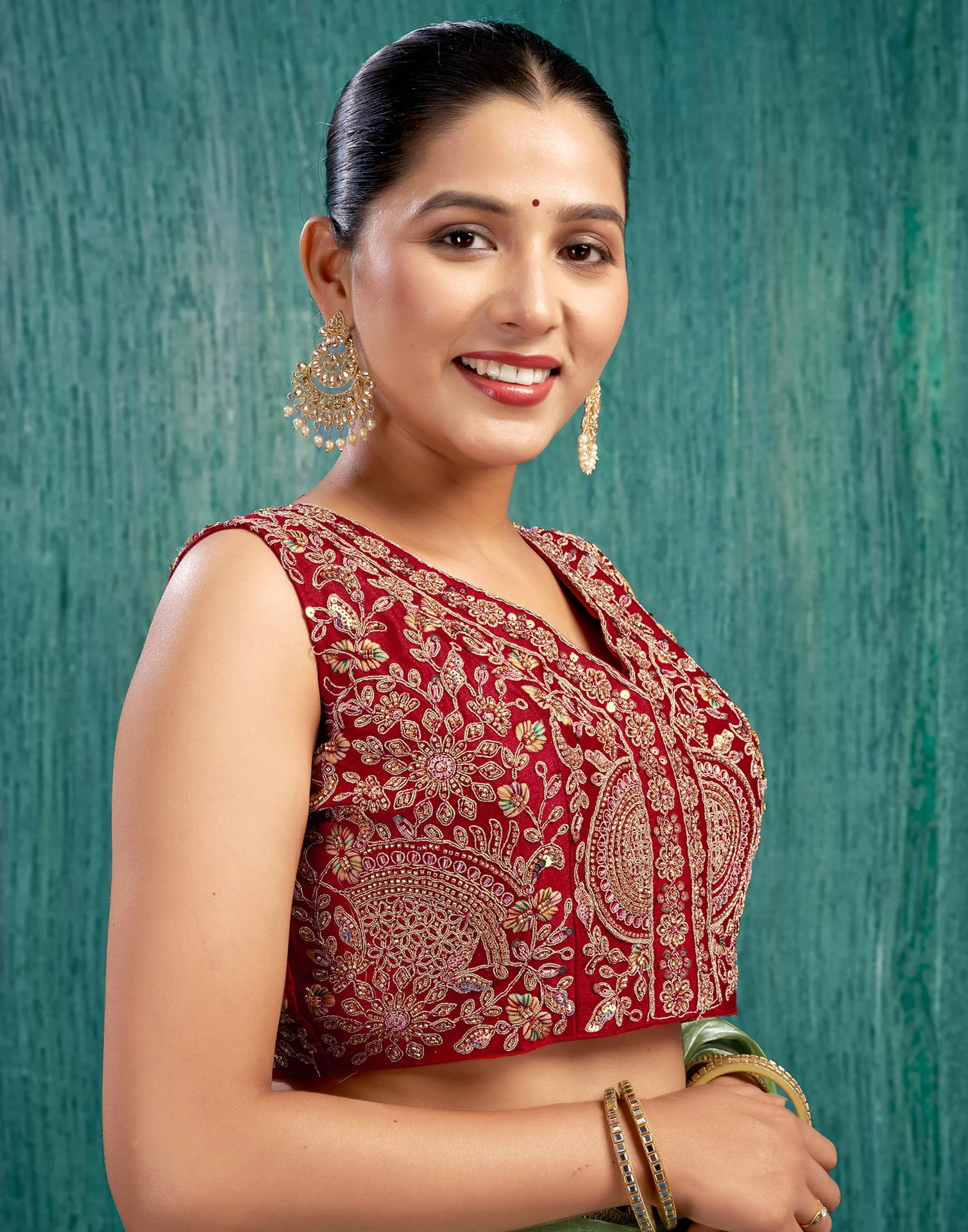 Red Silk Plain Embroidery Blouse - Image 5